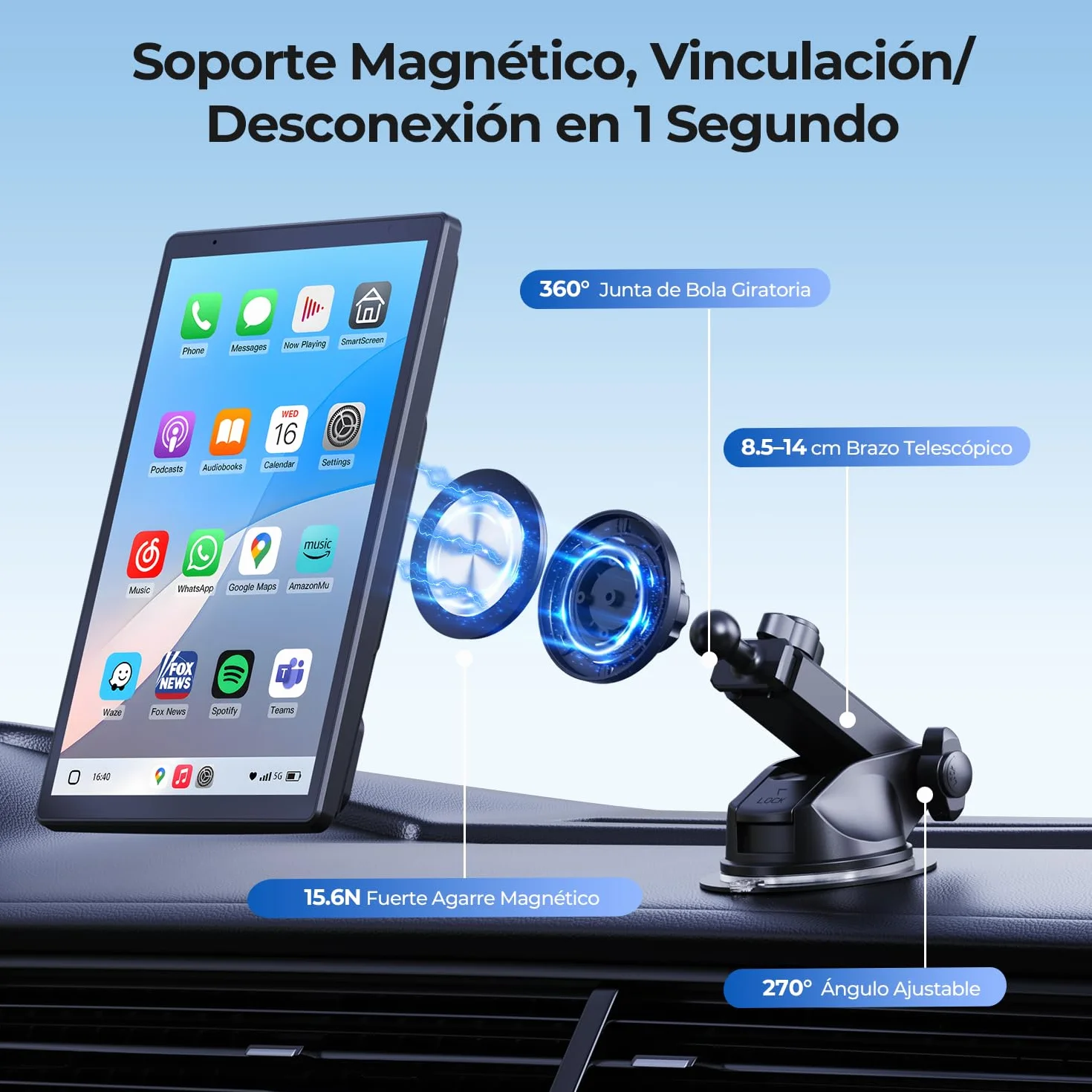 Carplay - Pantalla portátil de 8 pulgadas para coche Apple CarPlay y Android, pantalla HD de 1440 x 900, soporte magnético, actualizaciones OTA, cámara trasera, Bluetooth, control por voz