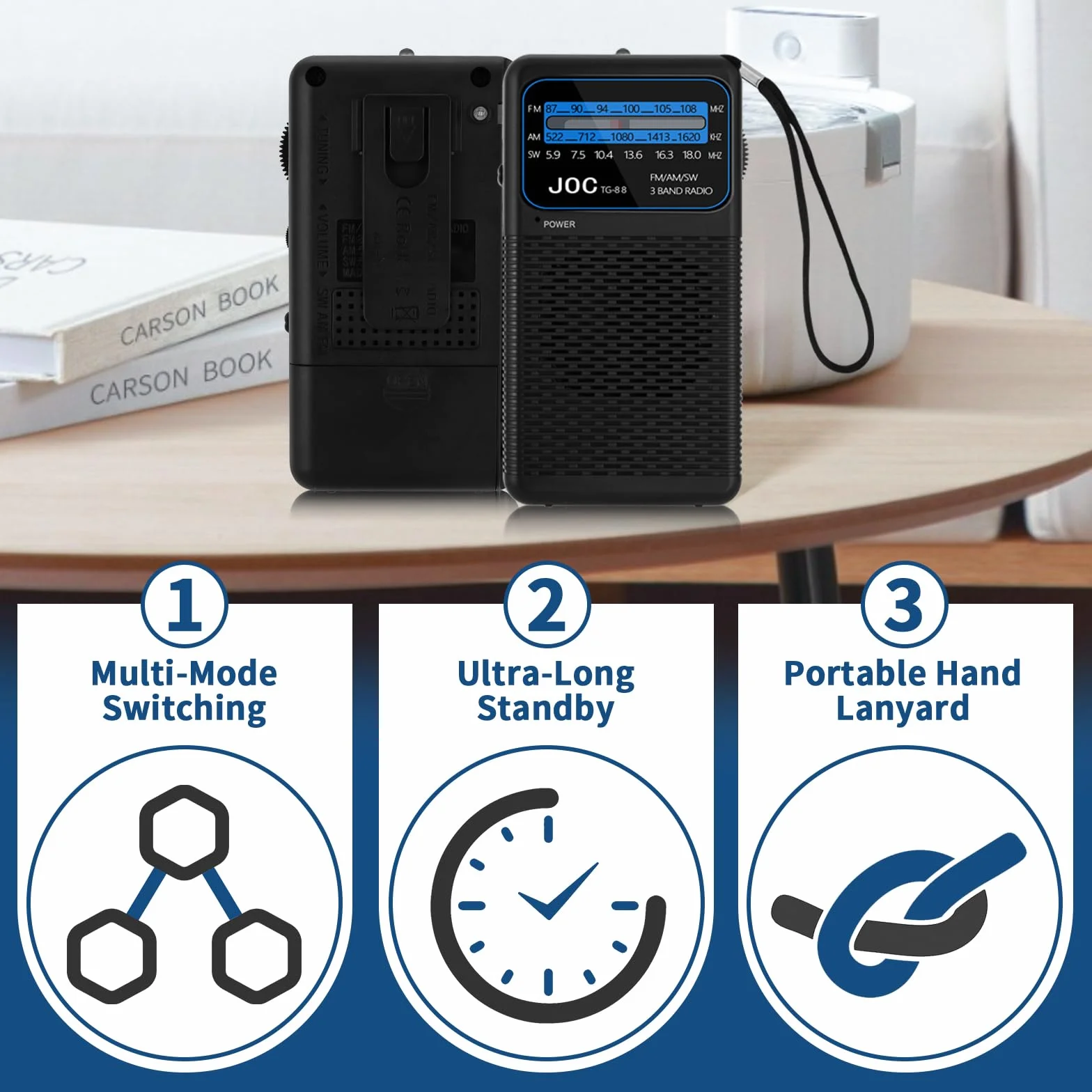 Radio Portatil Pequeña, Radios Am/FM Reproductor con práctico mosquetón, se Conecta a los Auriculares, Versátil, Negro