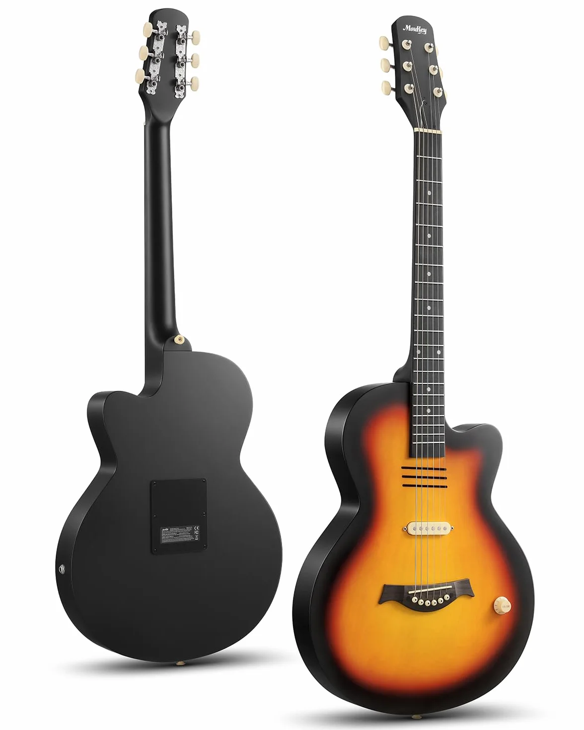 Moukey BCC-100 Guitarra electroacústica de 39 pulgadas con cutaway, pastilla pasiva, funda, correa, púas, afinador y cejilla, modo acústico y eléctrico, color Sunburst