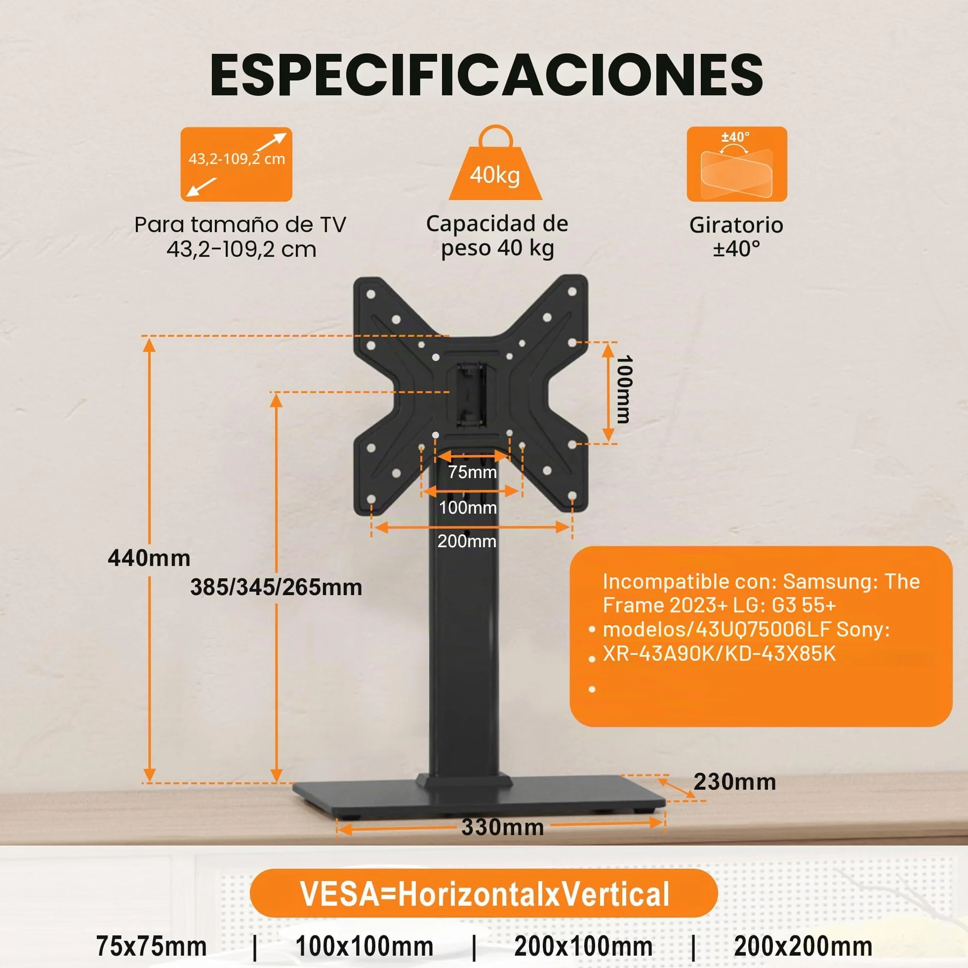 Soporte de TV giratorio universal XINLEI para televisores Samsung/LG de 17 a 43 pulgadas, altura ajustable 265-385 mm, carga 45 kg, VESA 200x200