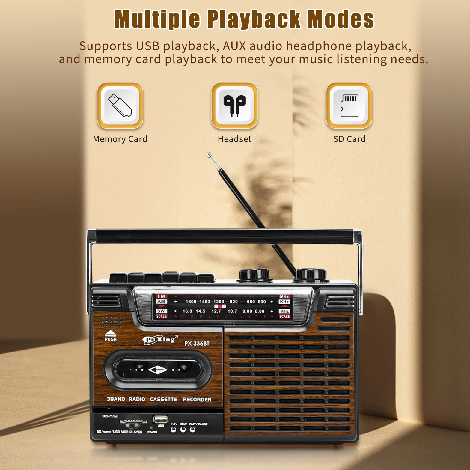 Reproductor de Cinta Portátil Retro Boombox con Radio AM/FM/SW y USB SD MMC Altavoces Incorporados (Grano de Madera)