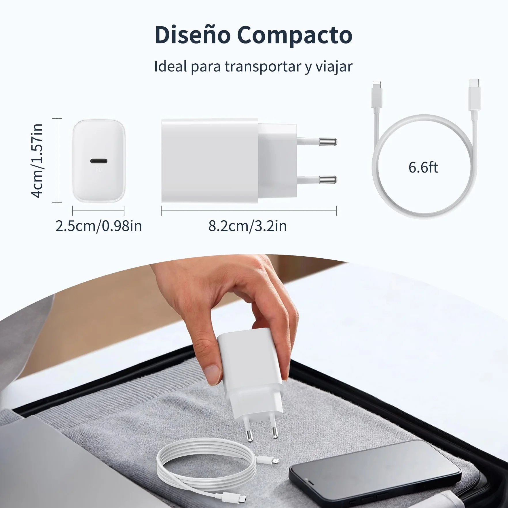 Cargador Carga Rápida USB C 30W para iPhone 14/13/12/11/SE/X/XS/XR/8/7, iPad, AirPods, Cable 2M