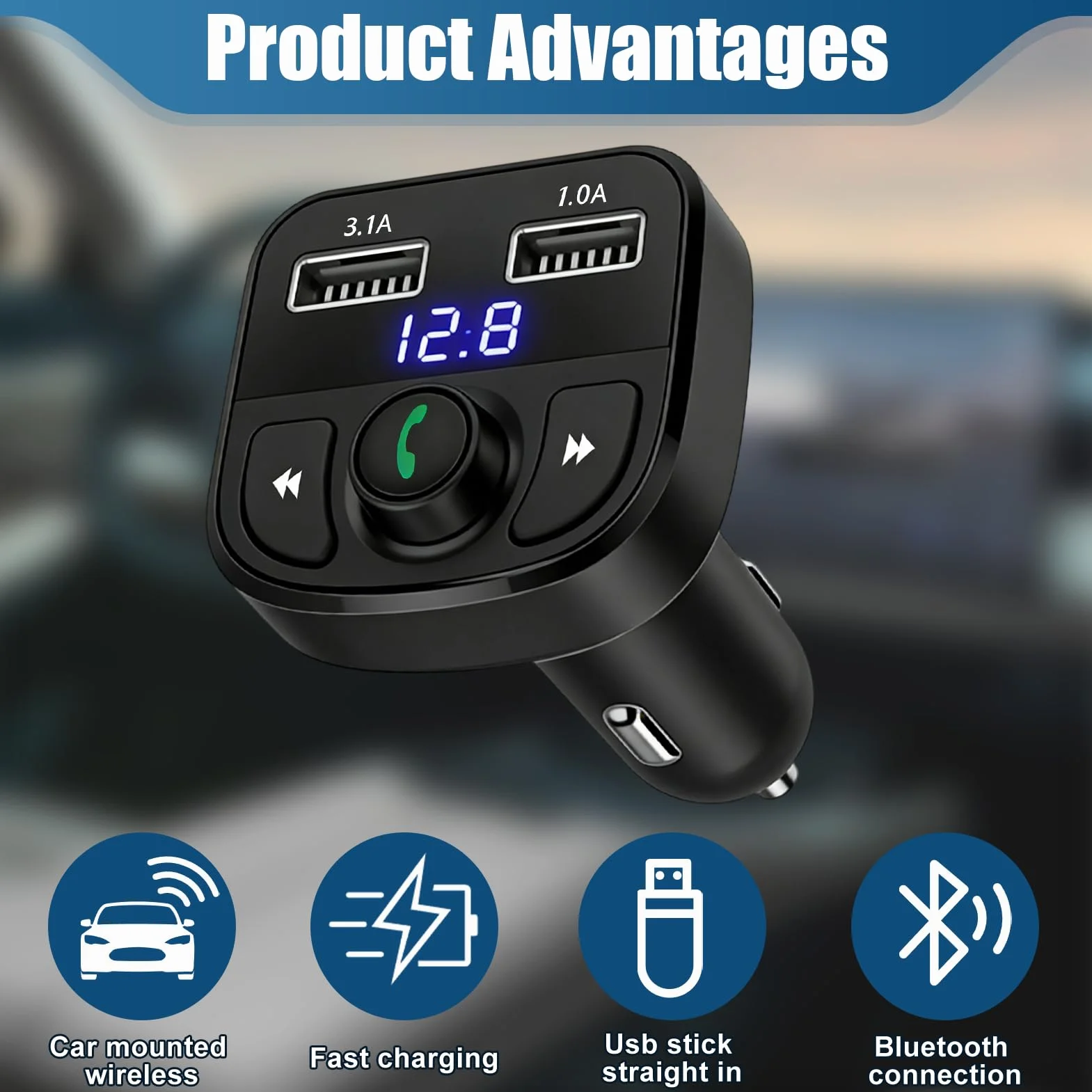 Adaptador Coche Bluetooth MP3 Transmisor FM Manos Libres 2 USB