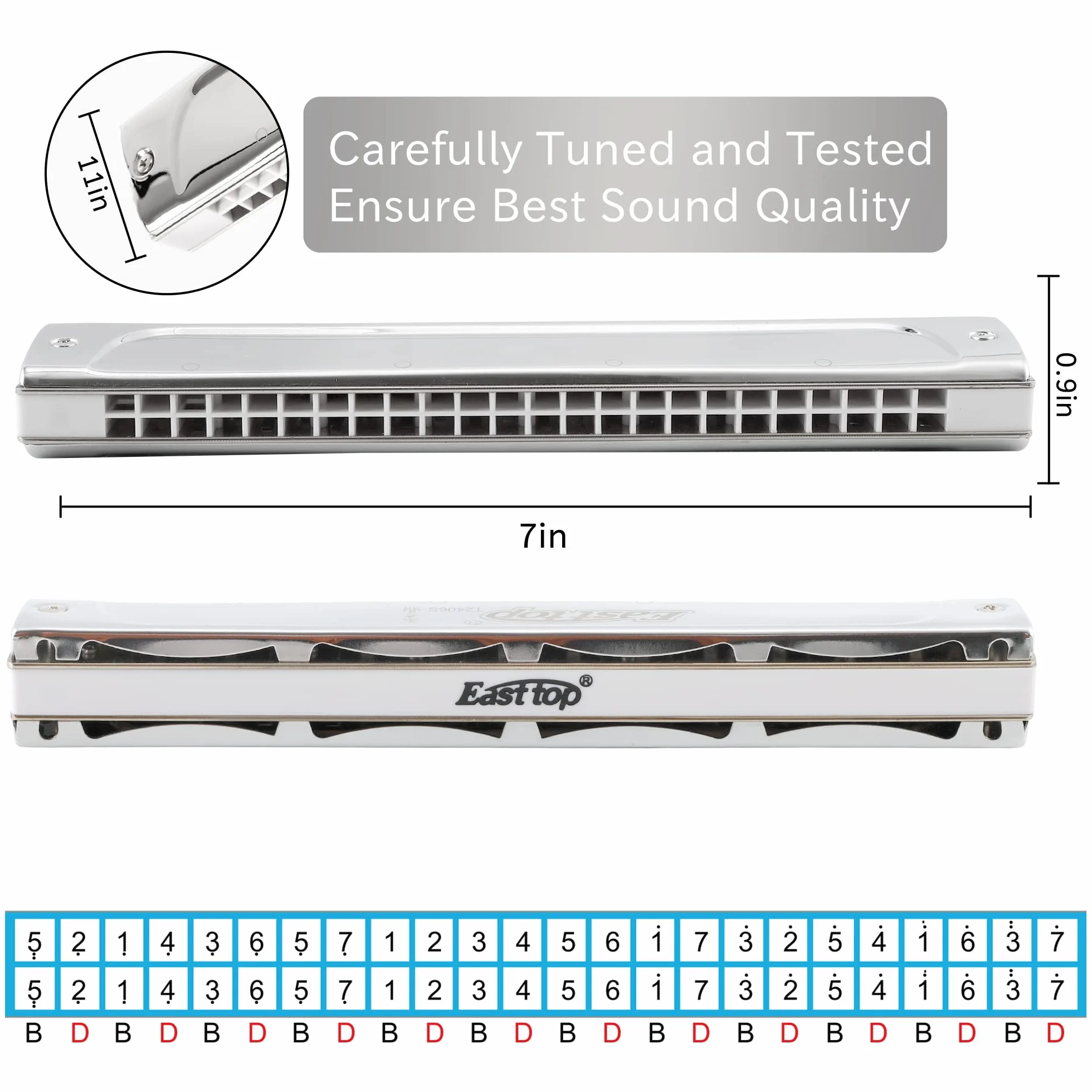 East Top Harmonica, Tremolo Harmonica Key D 24 agujeros T2406S Armónica Armónica para adultos, profesionales, principiantes y estudiantes, como regalo