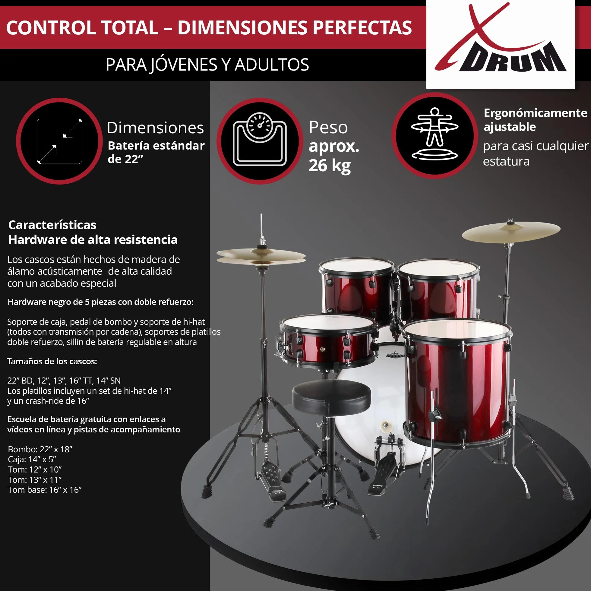 XDrum Rookie 22" Standard Juego Completo de Batería Ruby Red - Ideal para Principiantes - Hardware Estilizada en Negro - Incluye Baquetas 5B, Manual de Montaje y Escuela de Batería - Rojo
