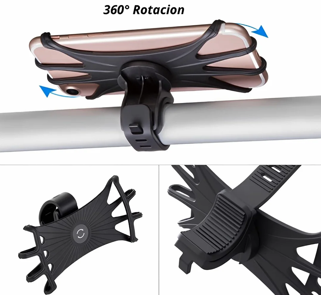 Soporte Móvil Universal con Rotación 360°, Ajustable Silicona 4.5-6.5" para Moto, Bicicleta, Carro Bebé, Patinete