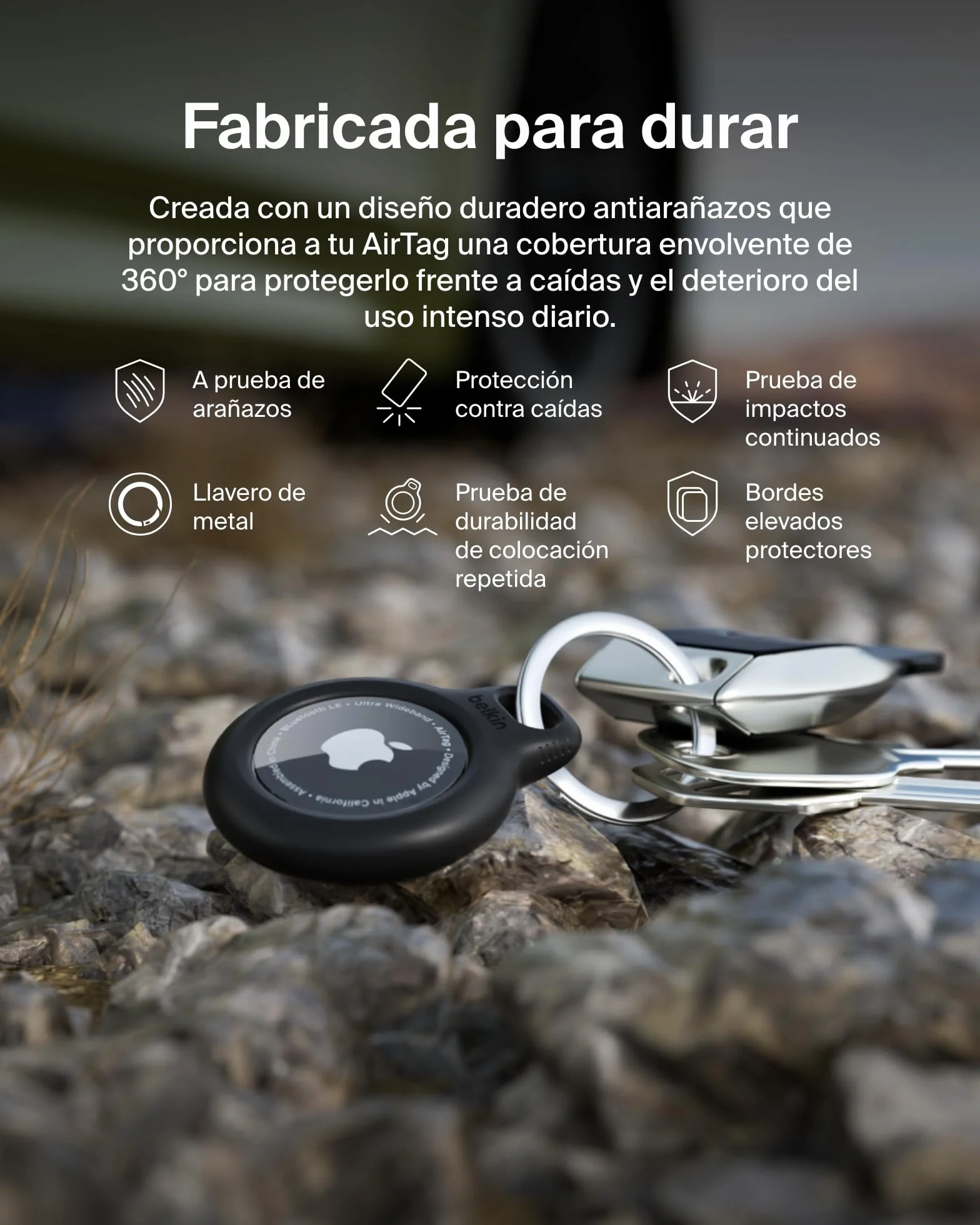 Belkin Llavero AirTag, Funda AirTag Resistente a los Arañazos con Frontal Abierto, Bordes Elevados, Cobertura, Cubierta, Localizador de Llaves, Mascotas, Maletas, Equipaje, Mochila y Otros, Negro