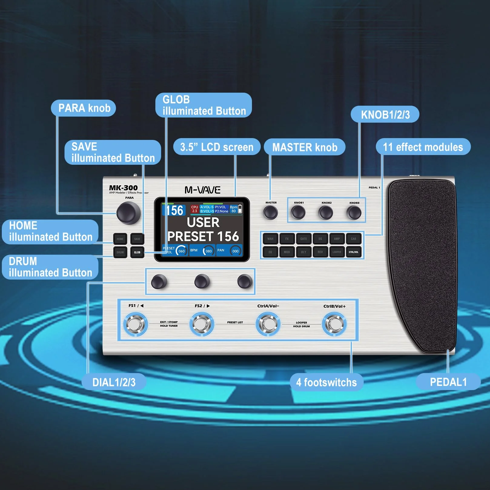 M-Vave MK-300 - Procesador multiefectos para guitarra y bajo, 11 módulos, más de 320 efectos, 120 amplificadores, cargador IR, looper, caja de ritmos, tarjeta de sonido BT y USB
