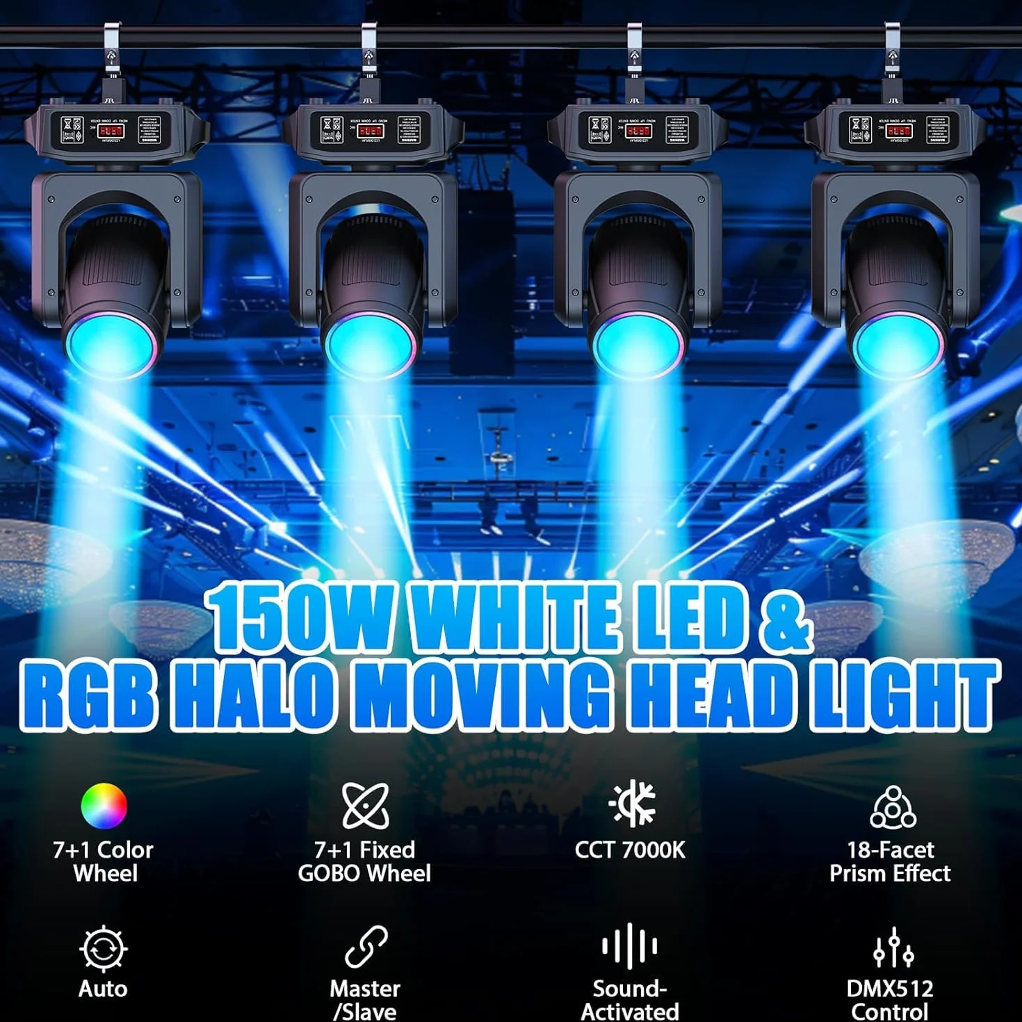 4 unidades 150W Cabeza Móvil LED Luces de DJ 18 prismas giratorios luz Foco Luces de Discoteca 8 gobos con DMX512 para Fiesta Disco DJ Club Show Bar Boda