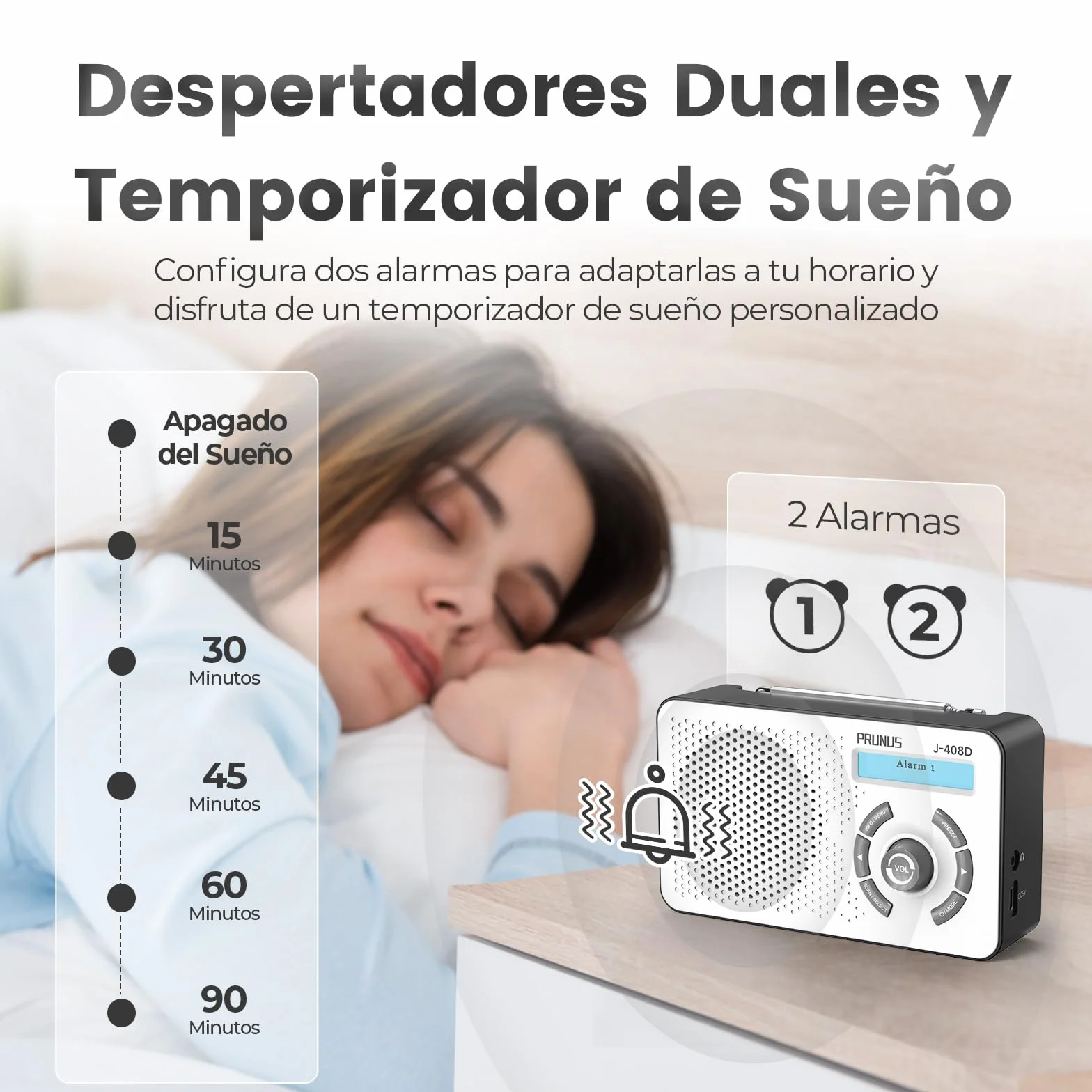 PRUNUS J-408 FM Radio DAB con Bluetooth 5.3, DAB Plus Radio funciona con pilas o batería de 2000 mAh, radio digital con 40 FM y 40 DAB preajustes, toma de auriculares, alarma dual/temporizador de