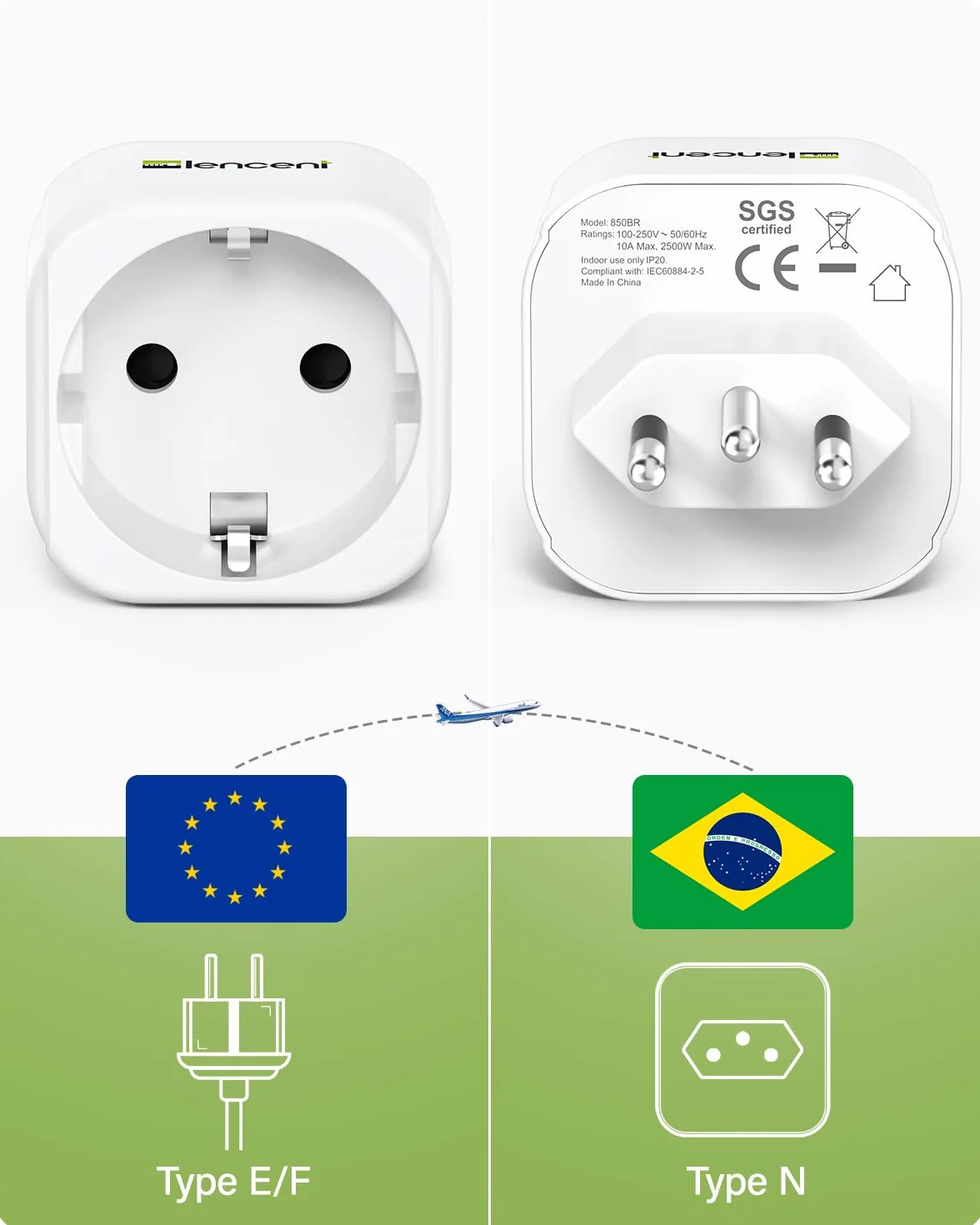 LENCENT 2 Piezas Adaptador Enchufe BR Tipo N de España a Brasil y Sudafrica, Adaptador 2-Pin Europeo a 3-Pin para Brasil y Sudafrica