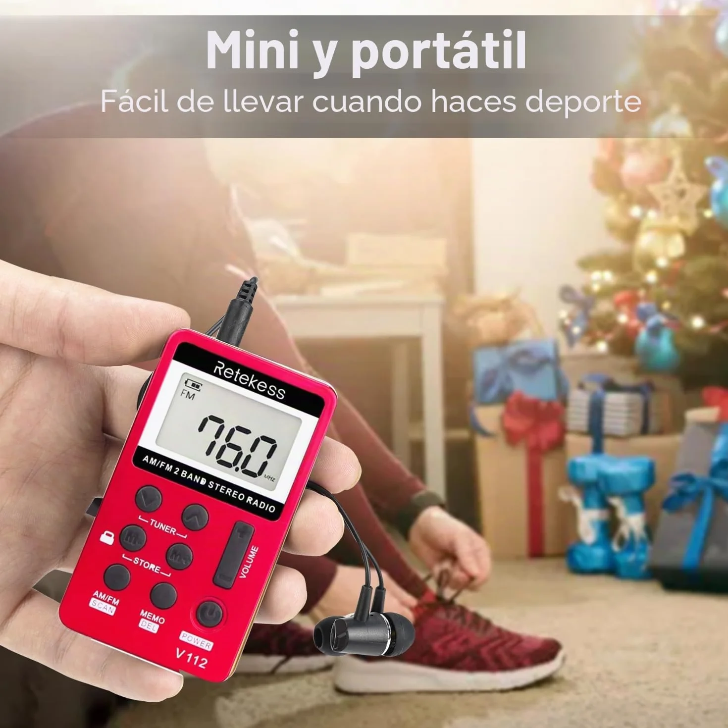 Retekess V112 Radio Portátil Pequeña,Mini Receptor de Sintonizador Digital Am FM,Batería Recargable,con Auriculares,Temporizador de Apagado,Adecuado para Correr,Viajar,Pescar(Rojo)