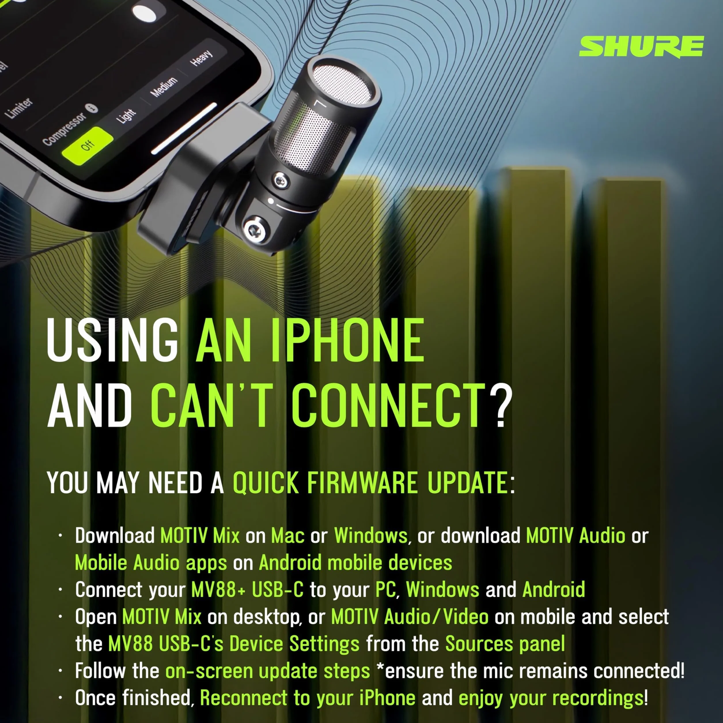 Shure MV88 USB-C Micrófono, para grabación y vlogging iPhone & Android, con Modo de Nivel automático, eliminación de Ruido en Tiempo Real y Cuatro Patrones Polares - Negro