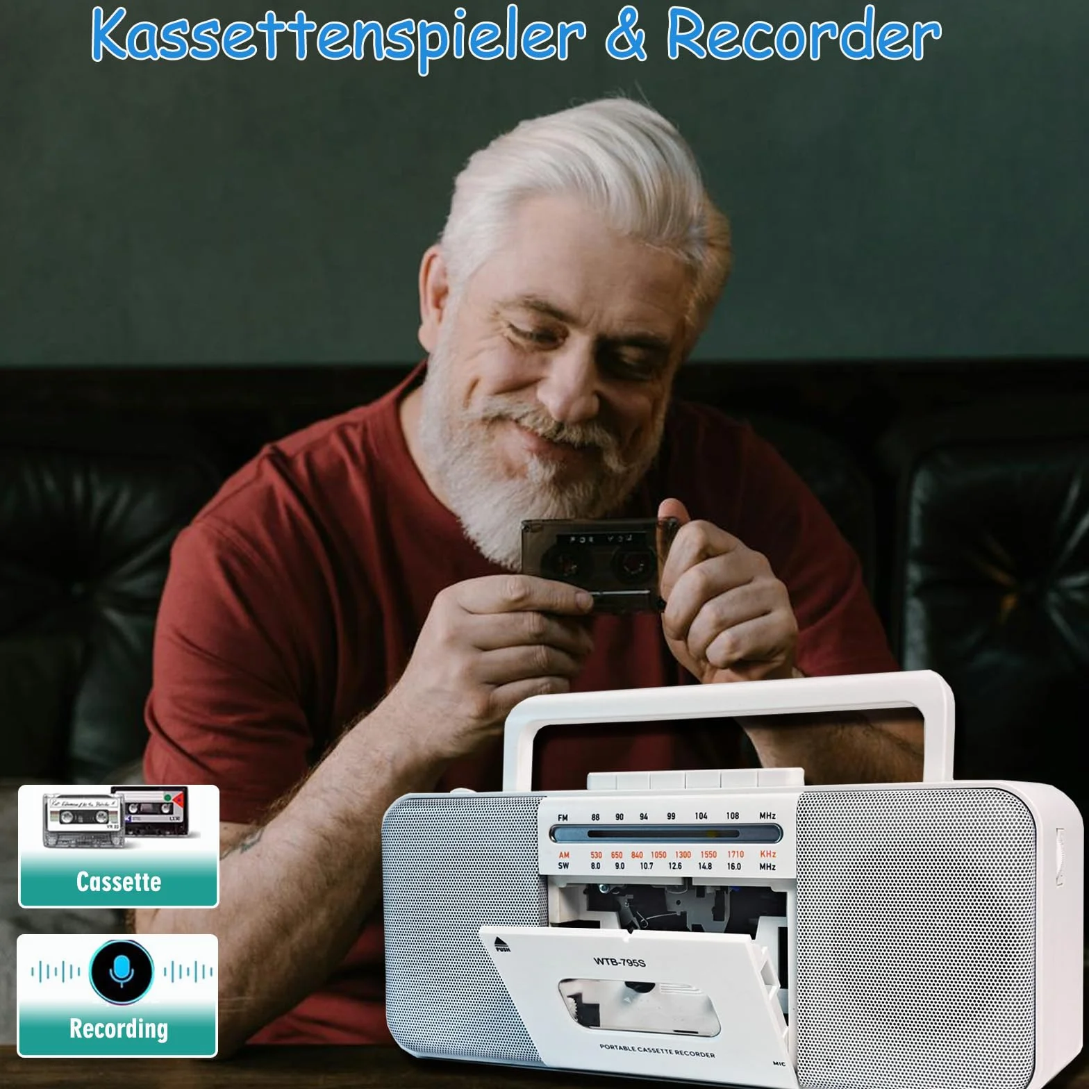 Reproductor y Grabadora de Cassette Multifunción - Bluetooth, Radio Am/FM/SW, Conversor a MP3, Altavoz 10W Portátil (Blanco)