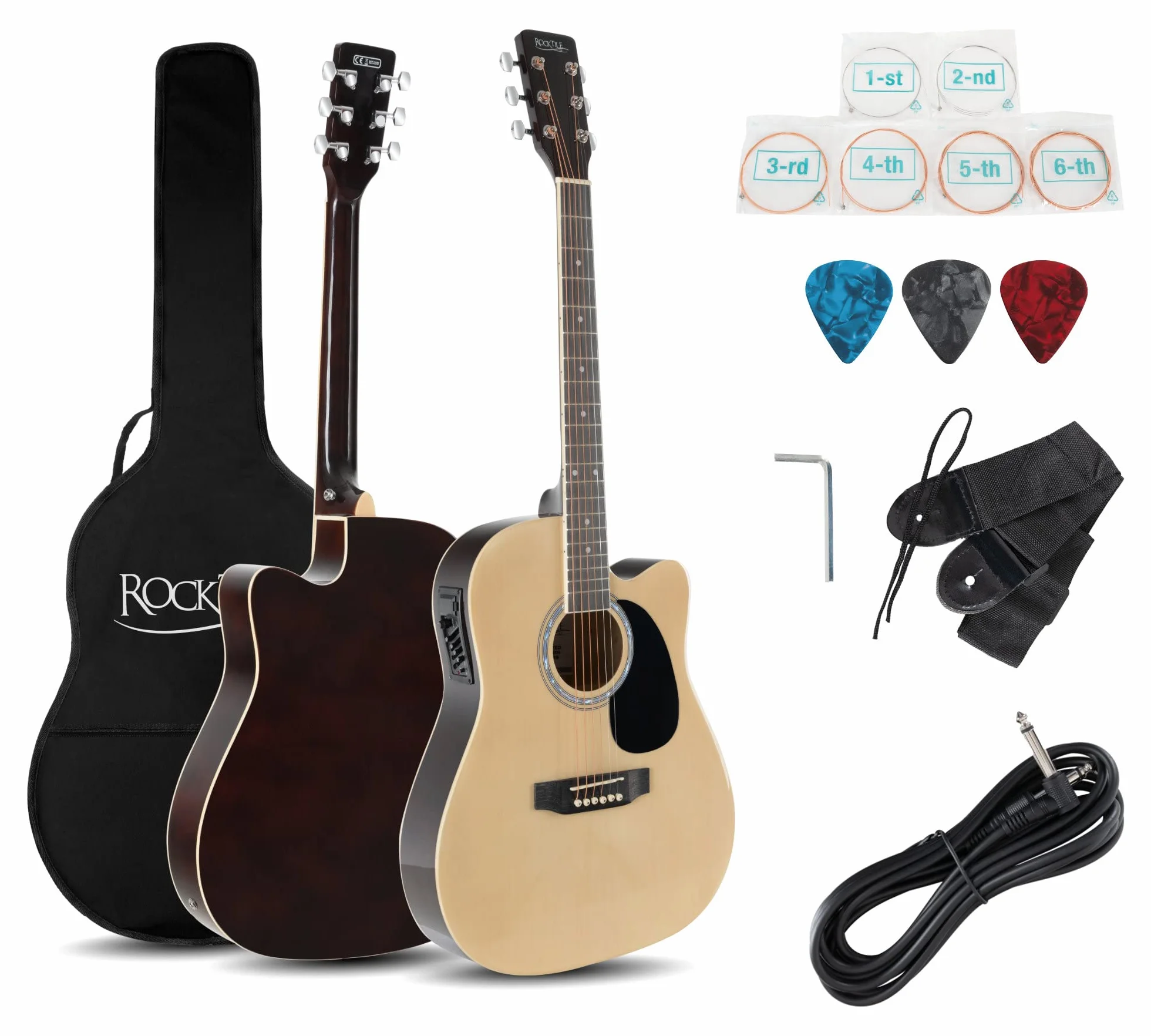 Rocktile WSD-8CE-NT Slim Line Set de Guitarras Western - Guitarra Acústica Dreadnought - Westernguitarra con Pastilla en Set Incluye Funda, Correa, Cable, Cuerdas de Repuesto y Púas - Natural