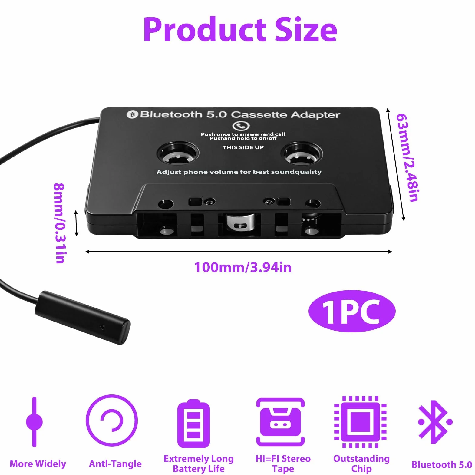 Cassette Bluetooth Coche 5.0 Adaptador de Audio Inalámbrico con Manos Libres Incorporado para Llamadas Claras Compatible con Smartphone Reproductor MP3 y Radio de Coche Clásico Negro