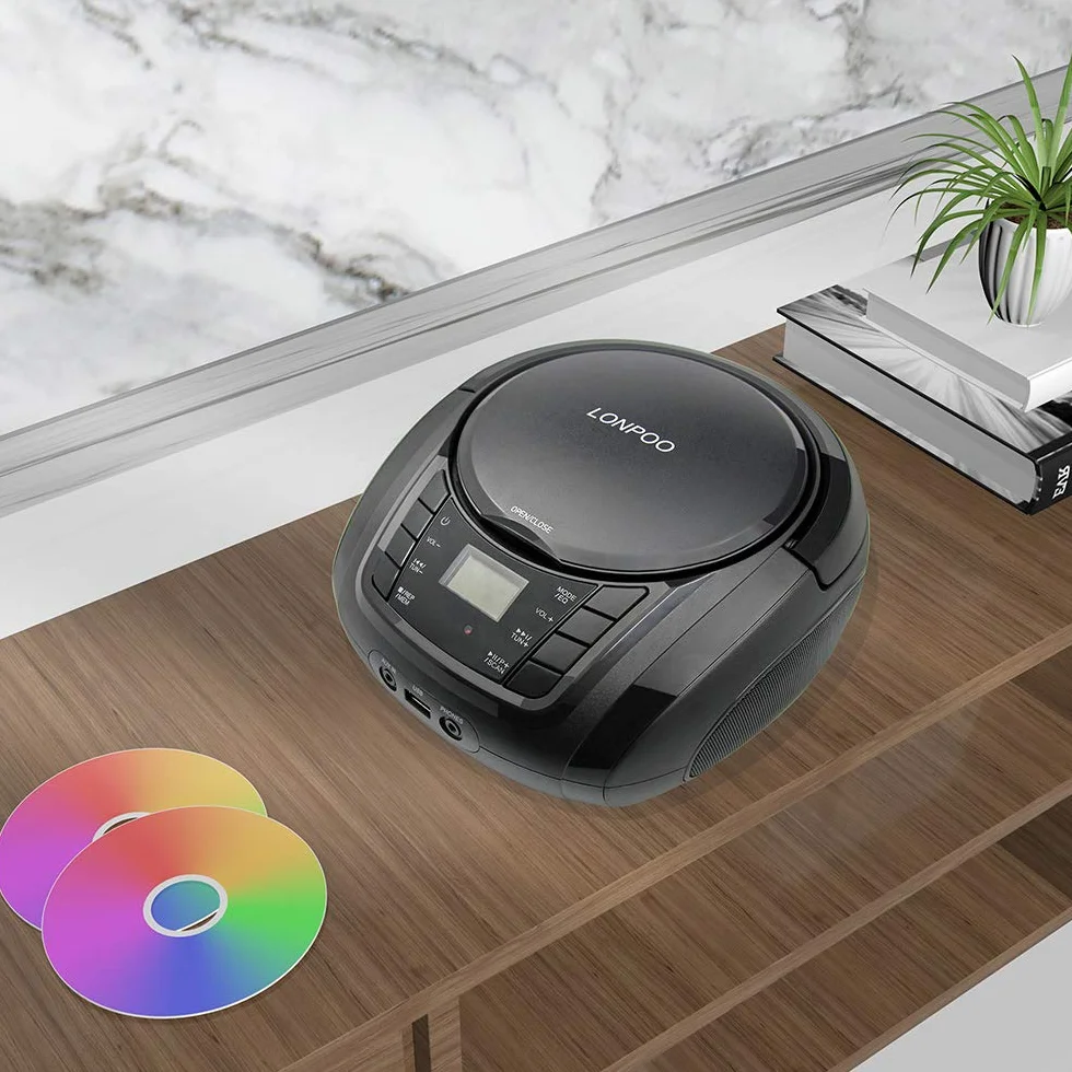 LONPOO Reproductor de CD Portátil Bluetooth con Altavoz HiFi, Radio FM, USB, AUX