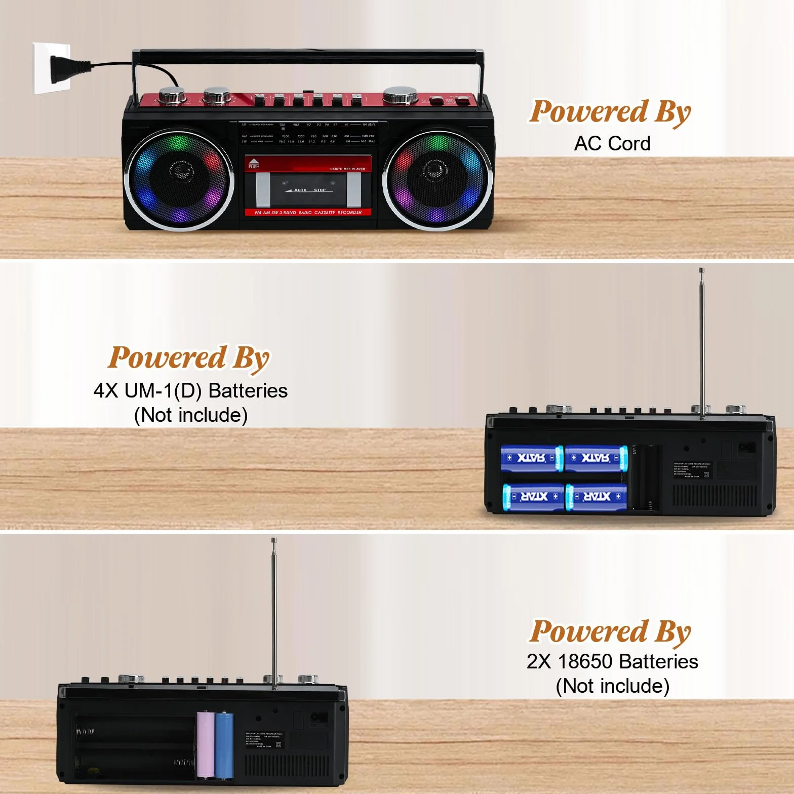 Reproductor de Casete portátil Boombox, Radio estéreo Am/FM/SW, Reproductor de Casete, grabadora de MP3, Bluetooth, USB, Luces RGB, Tarjeta TF (Rojo)