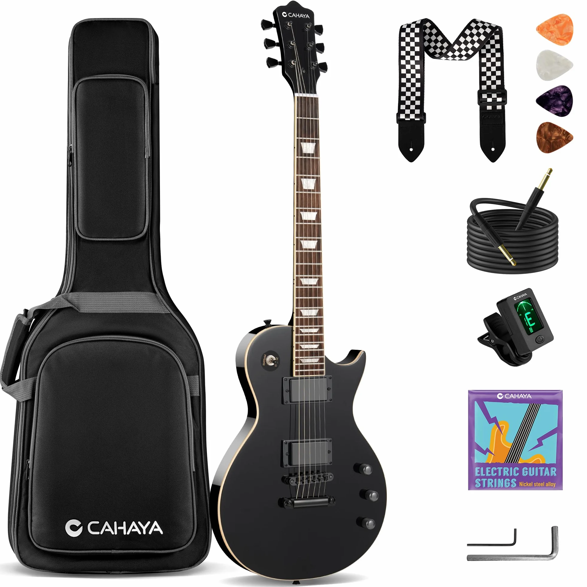 CAHAYA Guitarra Eléctrica LP 39": Kit para Principiantes, Cuerpo de Okoumé, Mástil de Arce, 2 Pastillas Humbucker, con Funda, Correa y Cable, Negro