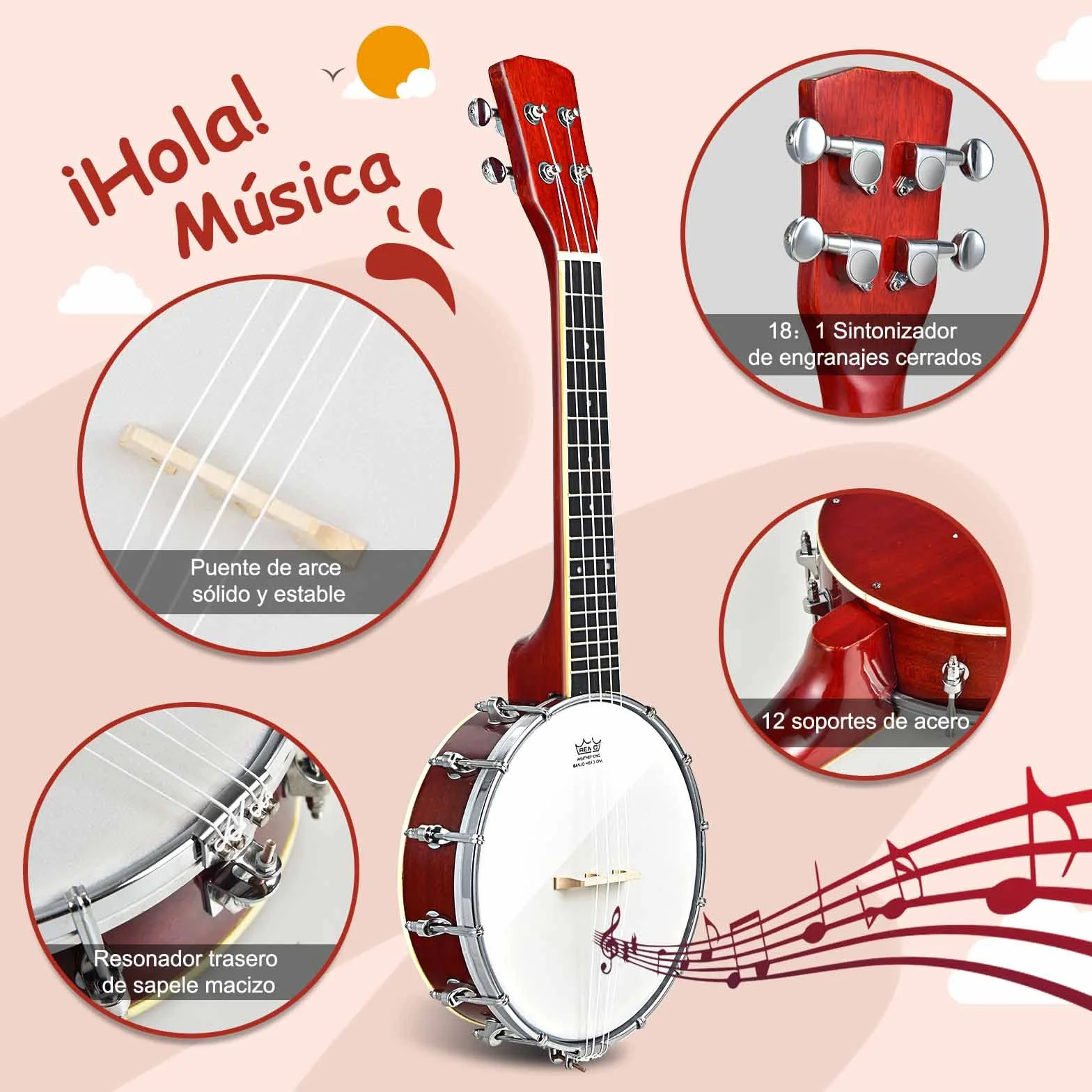 GOPLUS Mini banjo con 4 cuerdas, banjo de viaje de 61cm con parche Remo de primera calidad y fondo de sapeli, set de banjo para principiantes y niños