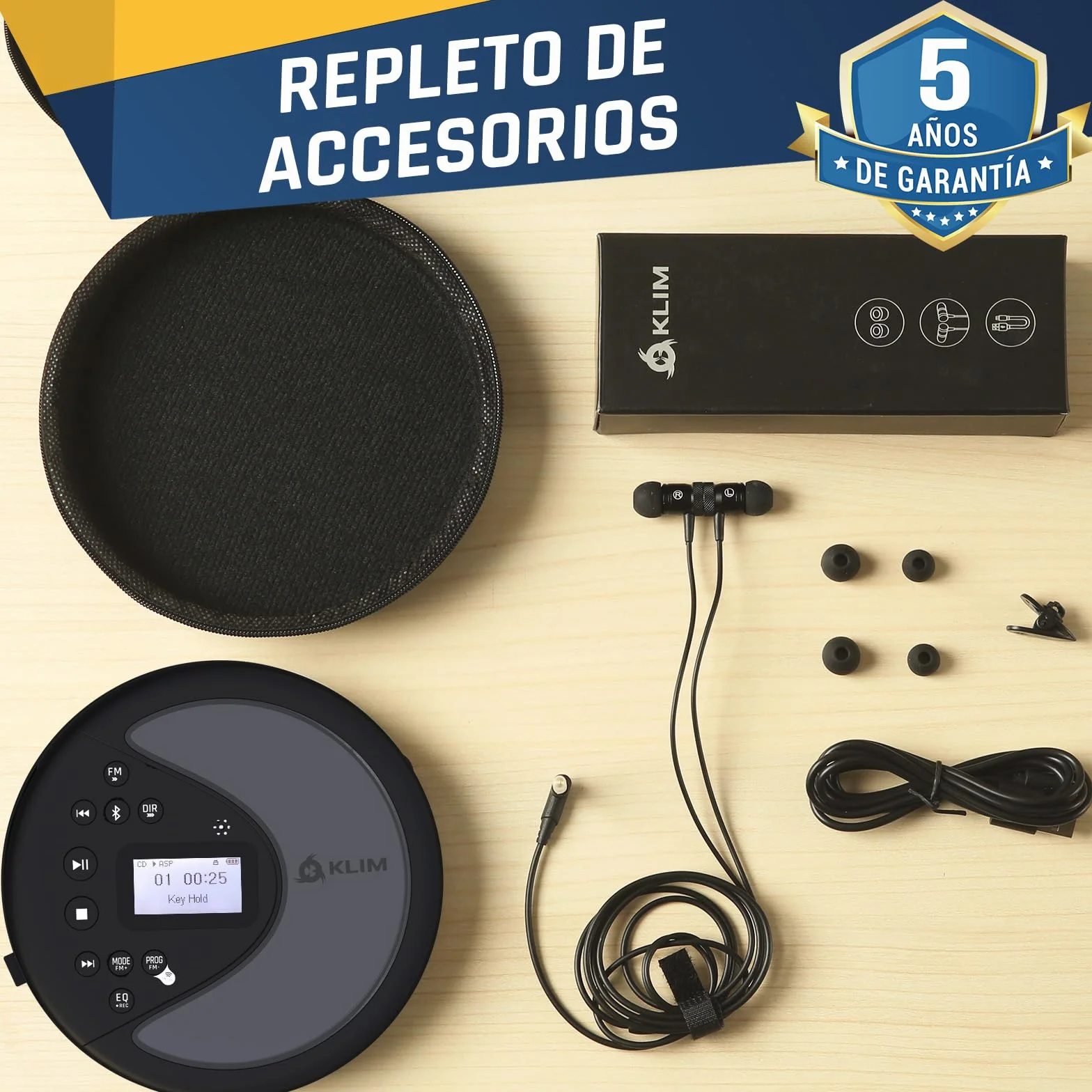Klim Discover Reproductor de CD Portátil con Radio FM, Bluetooth, MP3 y Auriculares