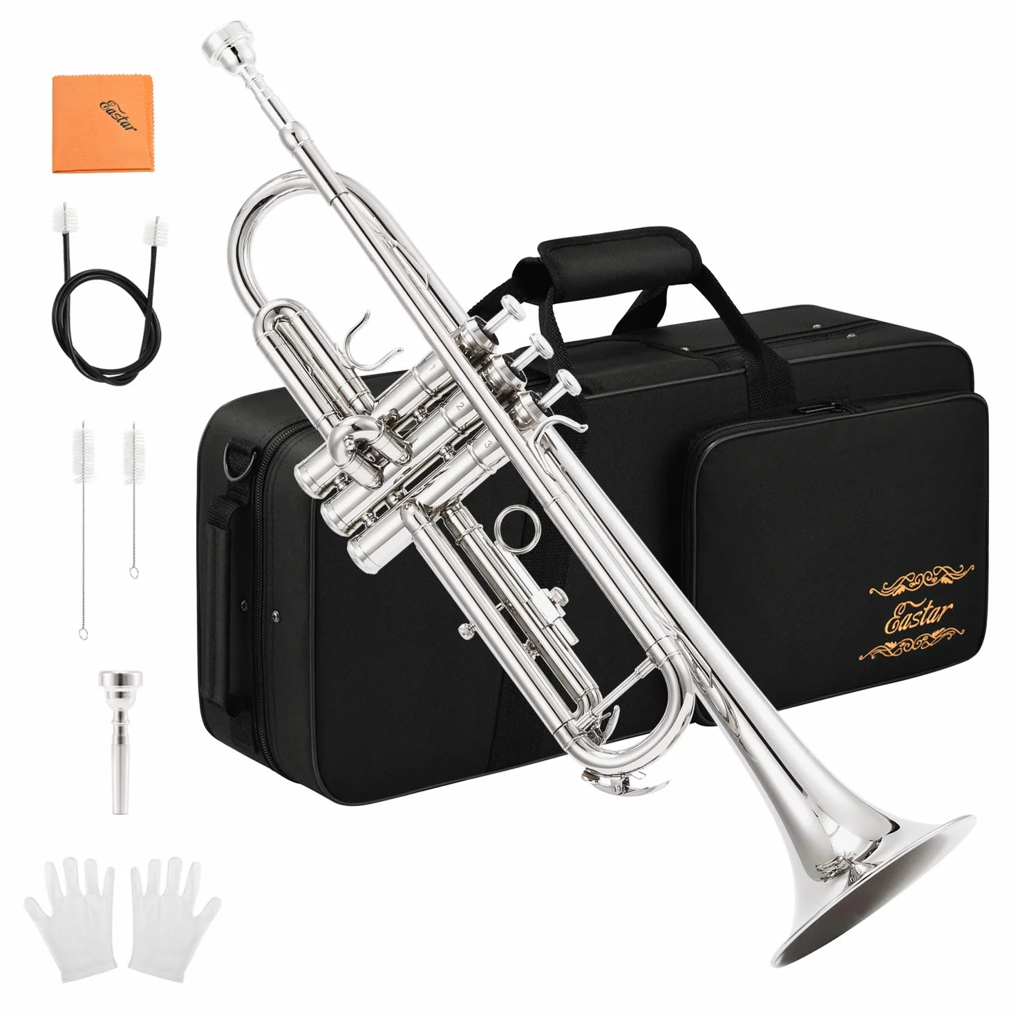 Juego de trompeta Eastar Standard en Sib para principiantes, instrumento de viento metal para estudiantes, con estuche rígido, kit de limpieza, boquilla 7C y guantes, ETR-380N, plateado