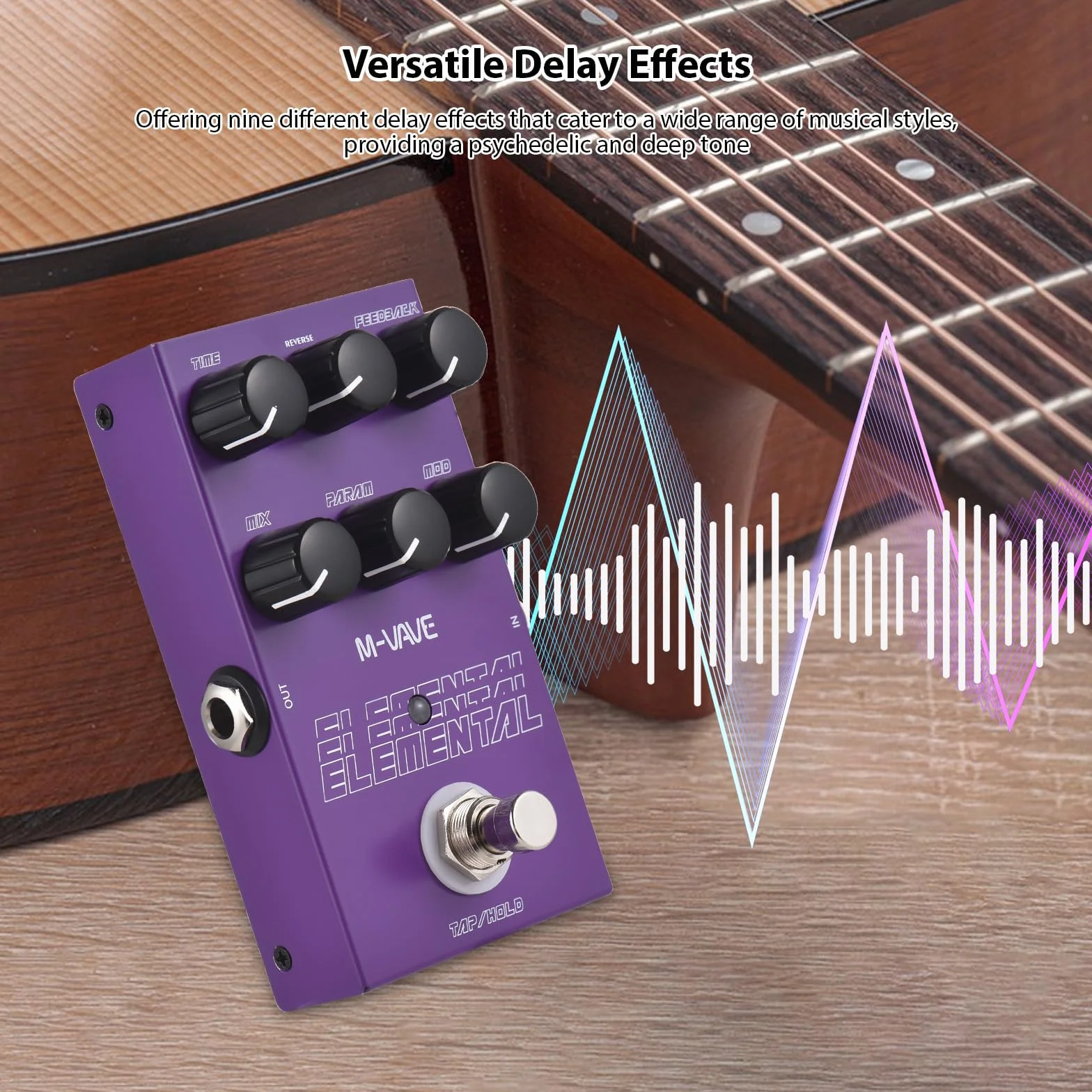 Efecto de retardo ELEMENTAL - Pedal de efectos de retardo para guitarra, tipo/9 efectos de retardo, tipo/feedback, MIX/PARAM/MOD, botón DC 9 V, interfaz de entrada/salida de 6,35 mm, efecto de