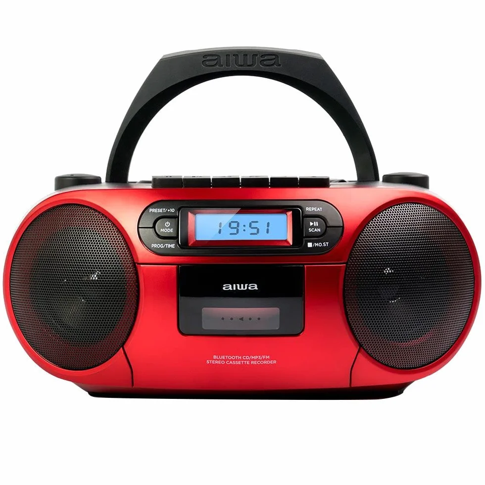 Aiwa BBTC-550RD Radio Cassette Portátil con CD Bluetooth USB Grabador Cassettes Rojo
