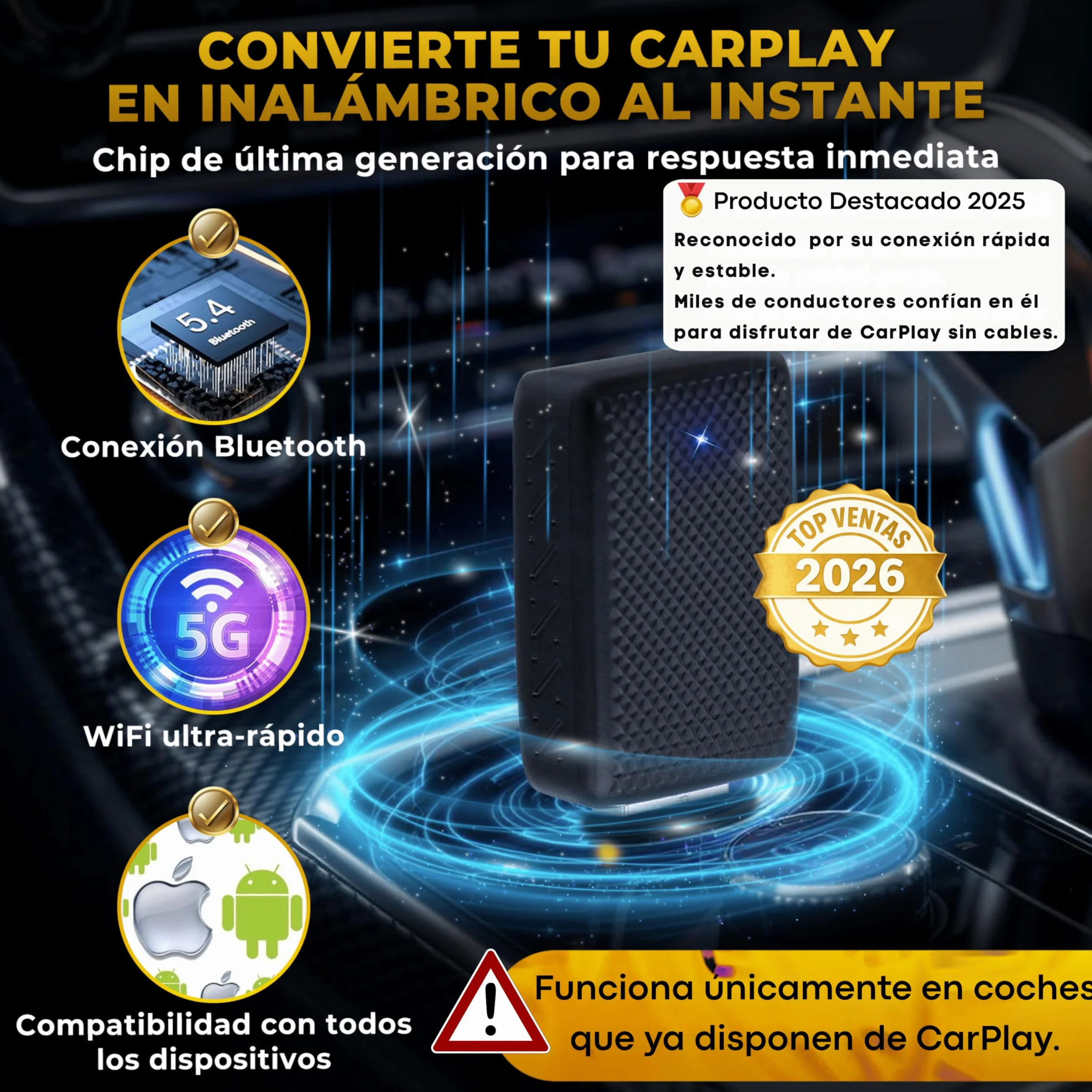 Adaptador USB CarPlay Inalámbrico 2 en 1, Receptor Auto iPhone, Android Auto, Compatible iOS 10+ Android 11+