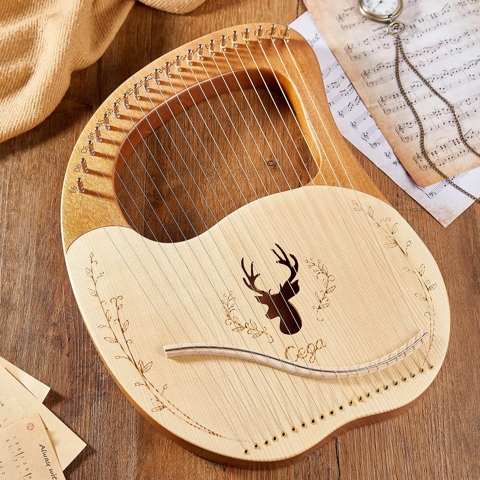 HUIOP lira,Cega 21 cuerdas de metal Lyre Harp Box Lyre Harp Spruce Topboard Tablero de caoba Instrumento de cuerda con llave de afinación Cuerdas Picks Music Note Sticker,arpa lira con llave de afinac