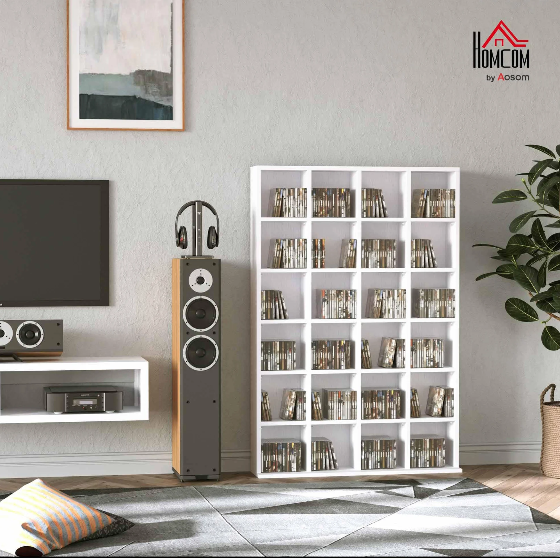 HOMCOM - Almacenamiento para CD y DVD, mueble de almacenamiento multimedia con 24 compartimentos, capacidad máx. 456 CD/ 336 DVD, estantería de madera con estantes ajustables, 89 x 20 x 130,5 cm