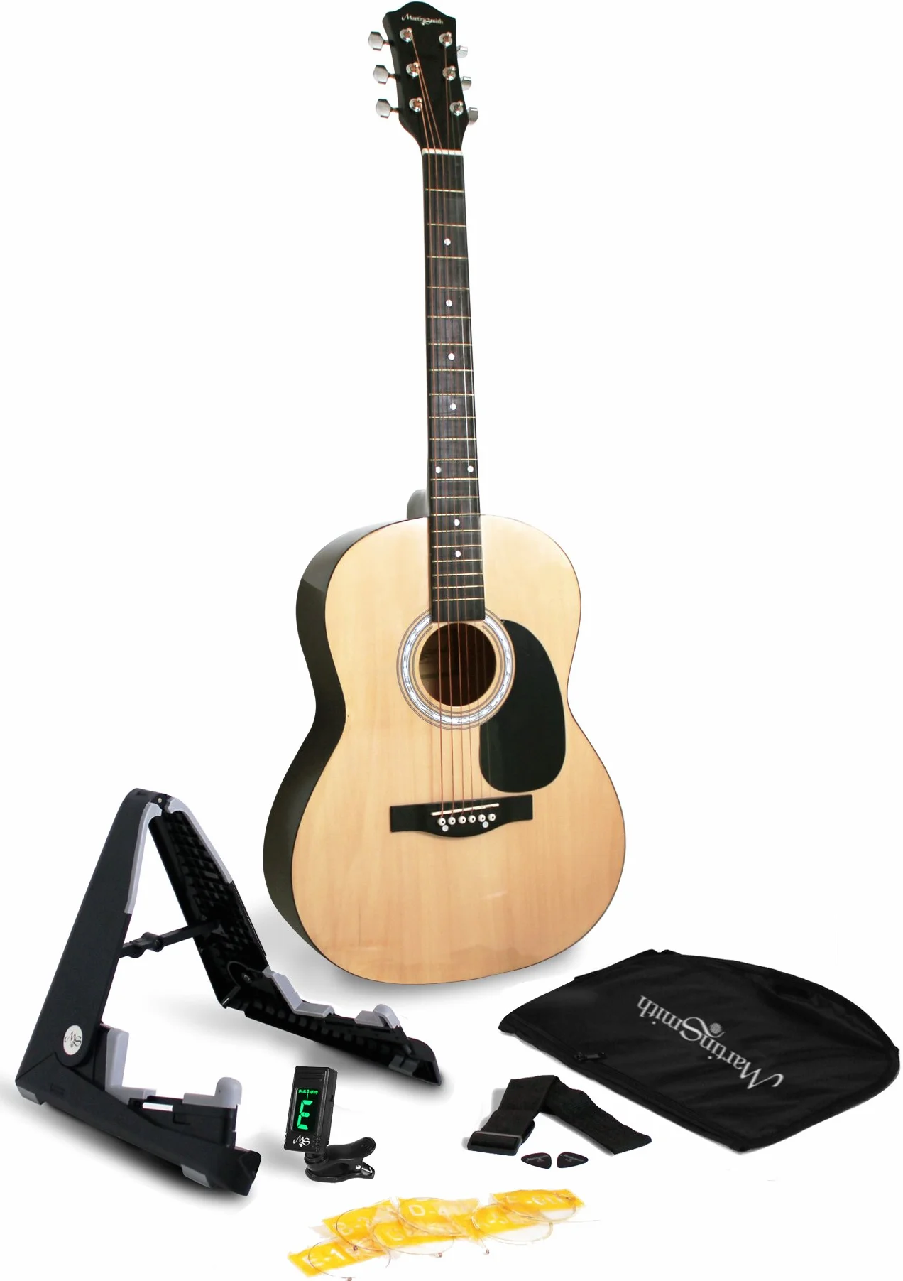 Martin Smith Kit de Guitarra Acústica Tamaño Completo para Principiantes, Natural, 6 Cuerdas de Acero con Soporte, Afinador, Funda, Correa, Púas y Clases