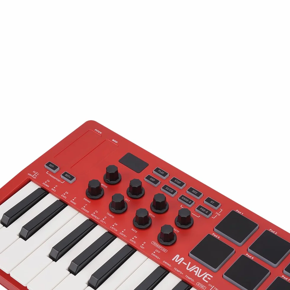 M-VAVE SMK-25RD - Teclado Controlador MIDI USB de 25 Teclas con 8 Pads de Batería Retroiluminados, Bluetooth, 8 Teclas, Teclas Dinámicas Profesionales, Rojo