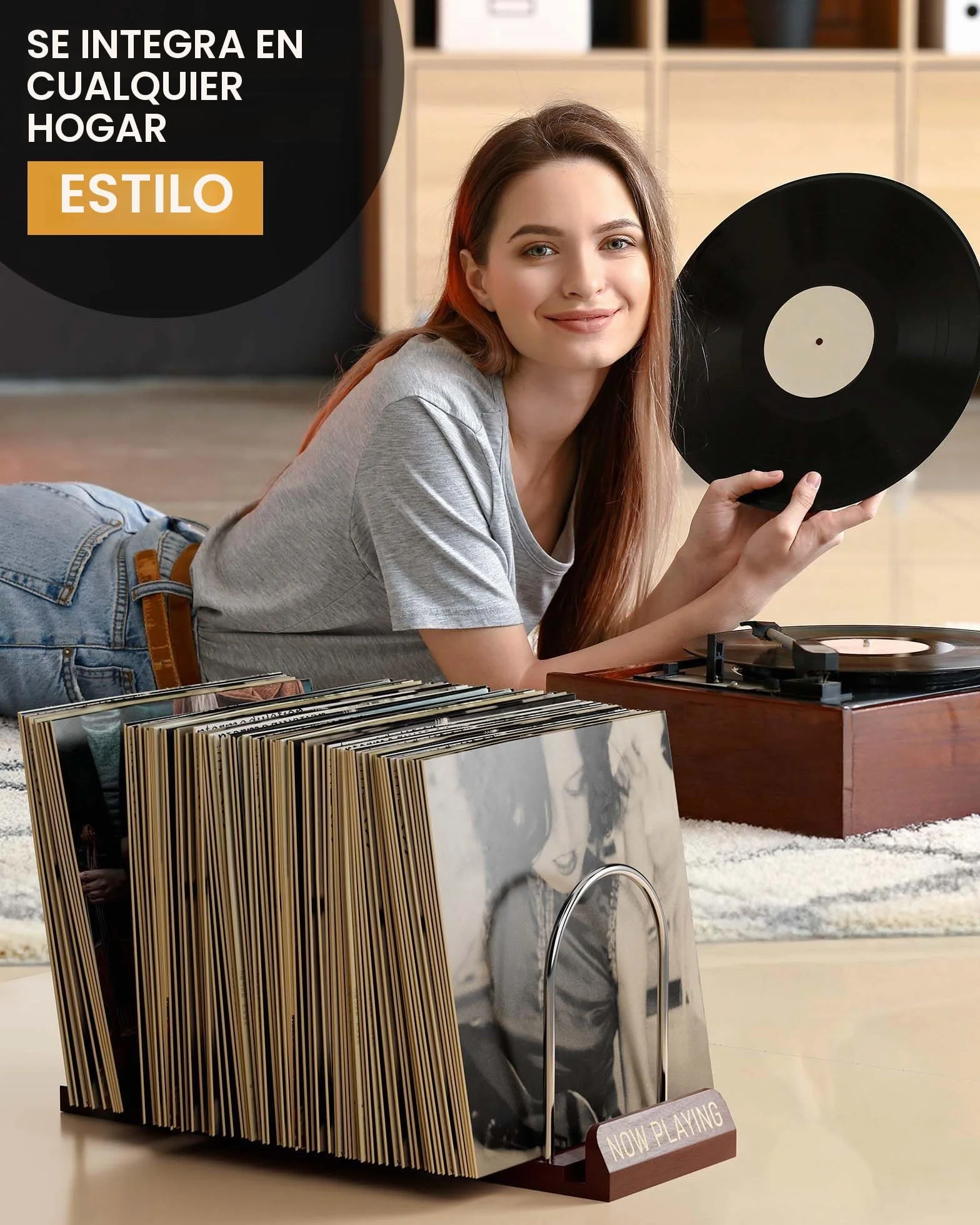BS-VOG Soporte Vinilos, Expositor Discos Vinilo Extensible 30-70 LP, “Now Playing”, Estante Madera & Metal, Soporte Estable Para Decoración Hogar & Amantes Música