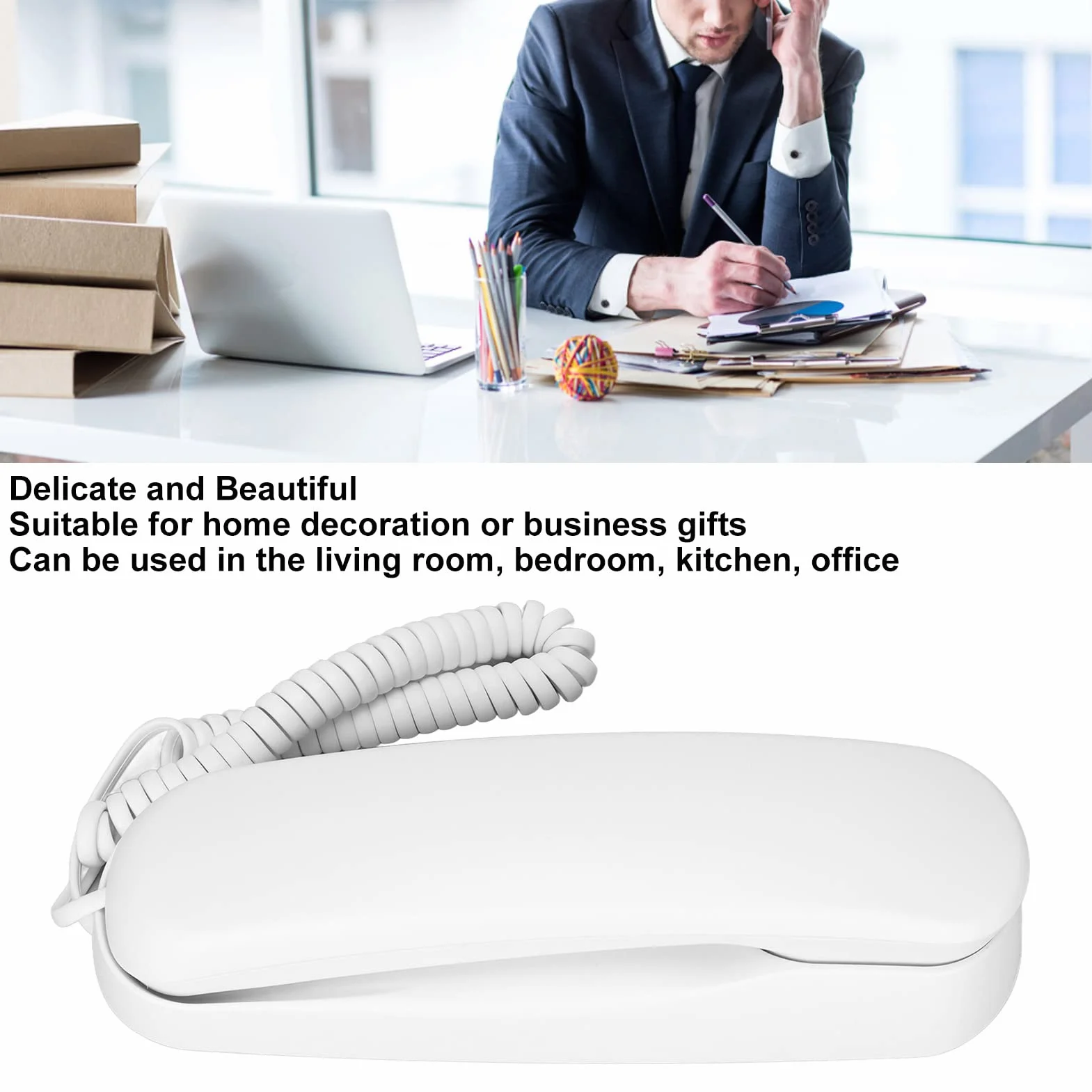 Teléfono alámbrico, Blanco pequeño Escritorio montable en la Pared teléfono de línea Fija con Cable, Soporte para Parpadeo, rellamada, Silencio, Pausa, para la Oficina Hotel Casa Escuela