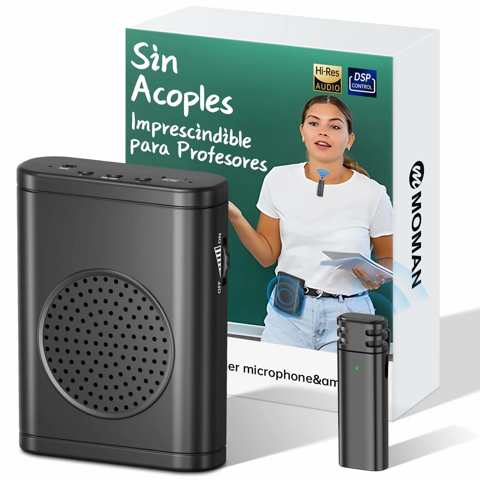 Moman Amplificador de Voz con Micrófono Lavalier Inalámbrico, Altavoz Portátil de Baja Latencia Sin Acoples, Sistema de PA Personal para Profesores, Aulas, Yoga, Formación