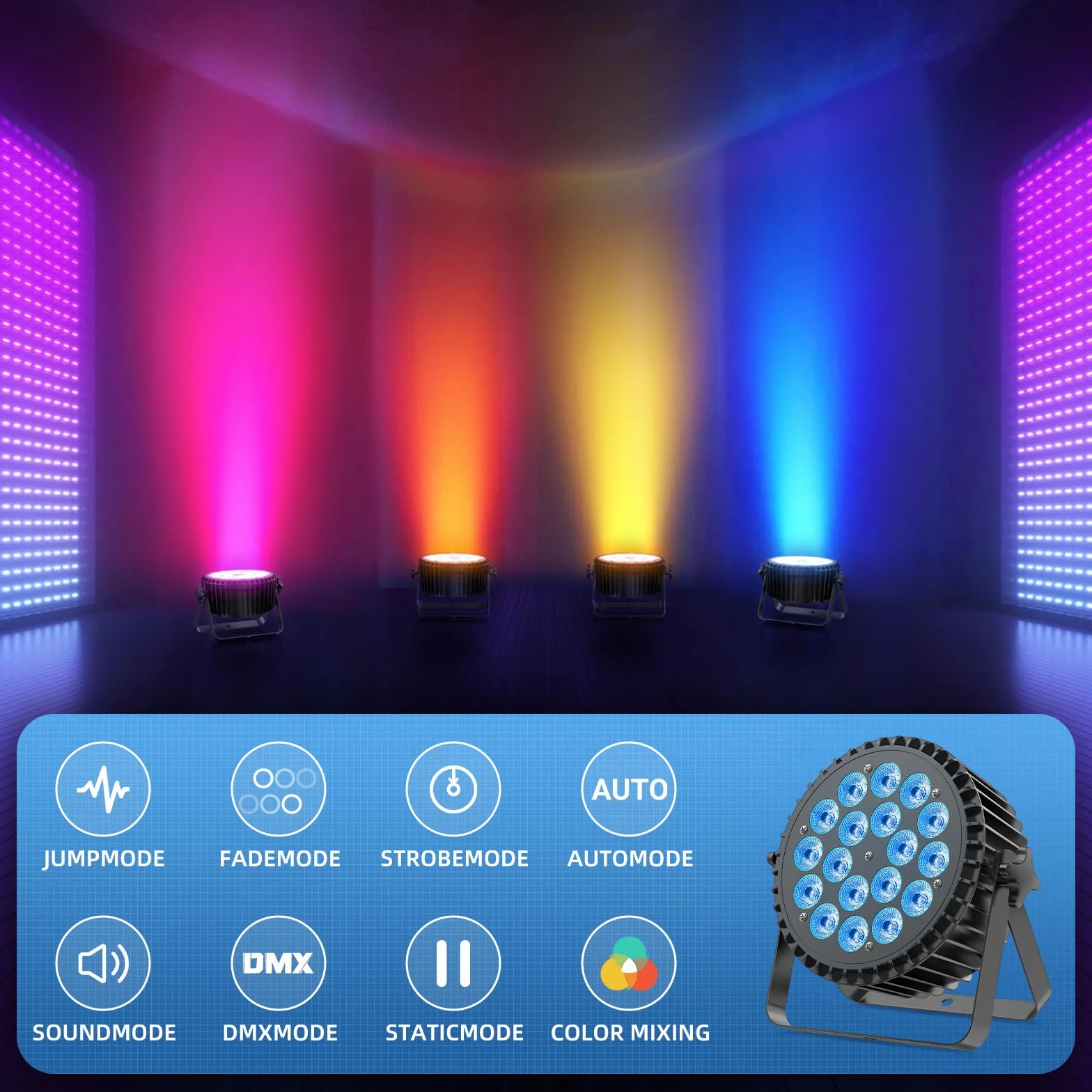 RGBWA UV Focos Par LED 200W, 18 LED Luces Escenario 7/10CH con Estroboscópica y Activación Sonido, Luces Discoteca para Espectáculos Bares Fiestas Bodas Halloween