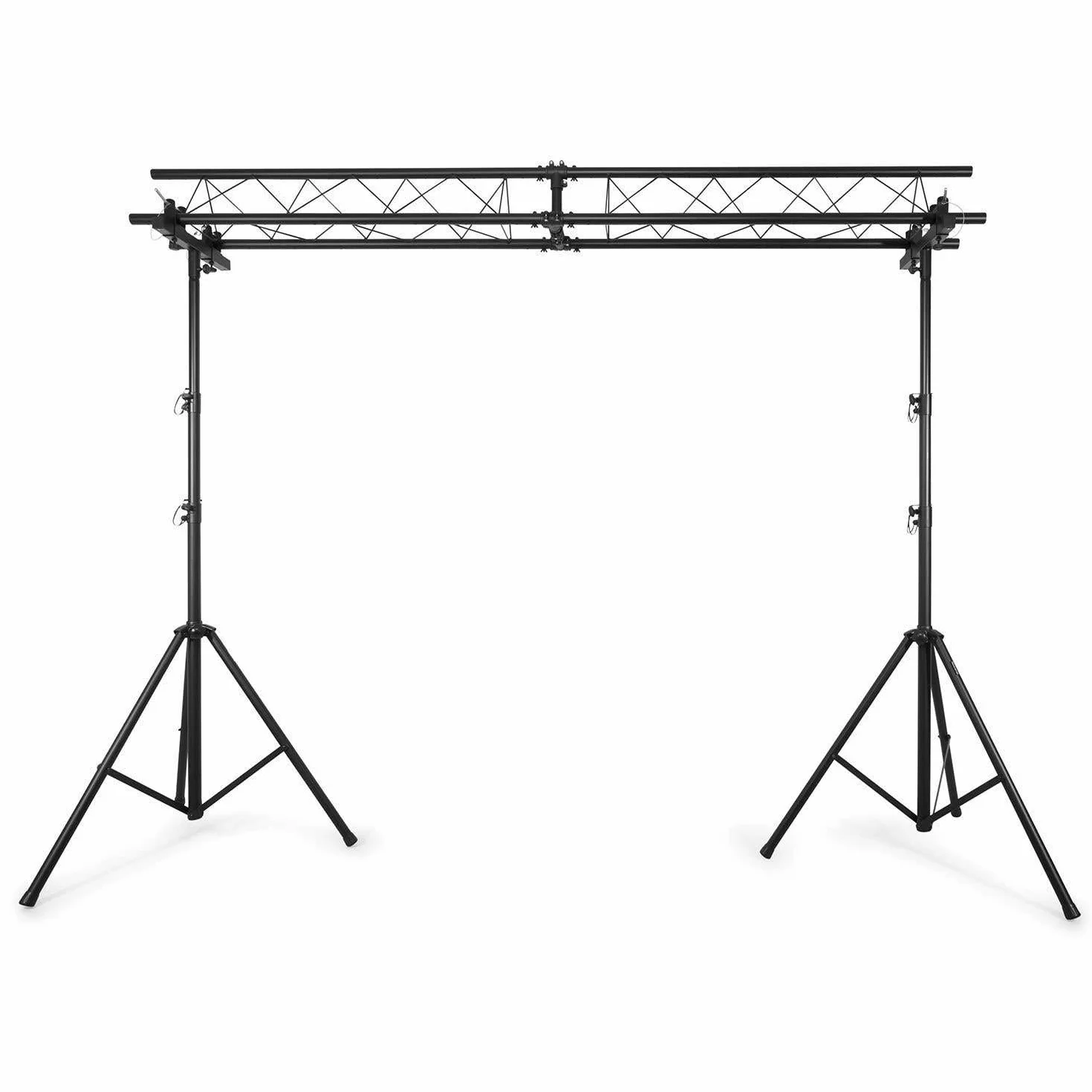 Beamz LB100T Puente de luces con truss y 2 soportes, sistema de truss móvil de 100 kg máx., juego completo de soportes para DJ, 2x truss de 3 puntos de 1,5 m, 2x trípode de 4 m de altura máx. negro