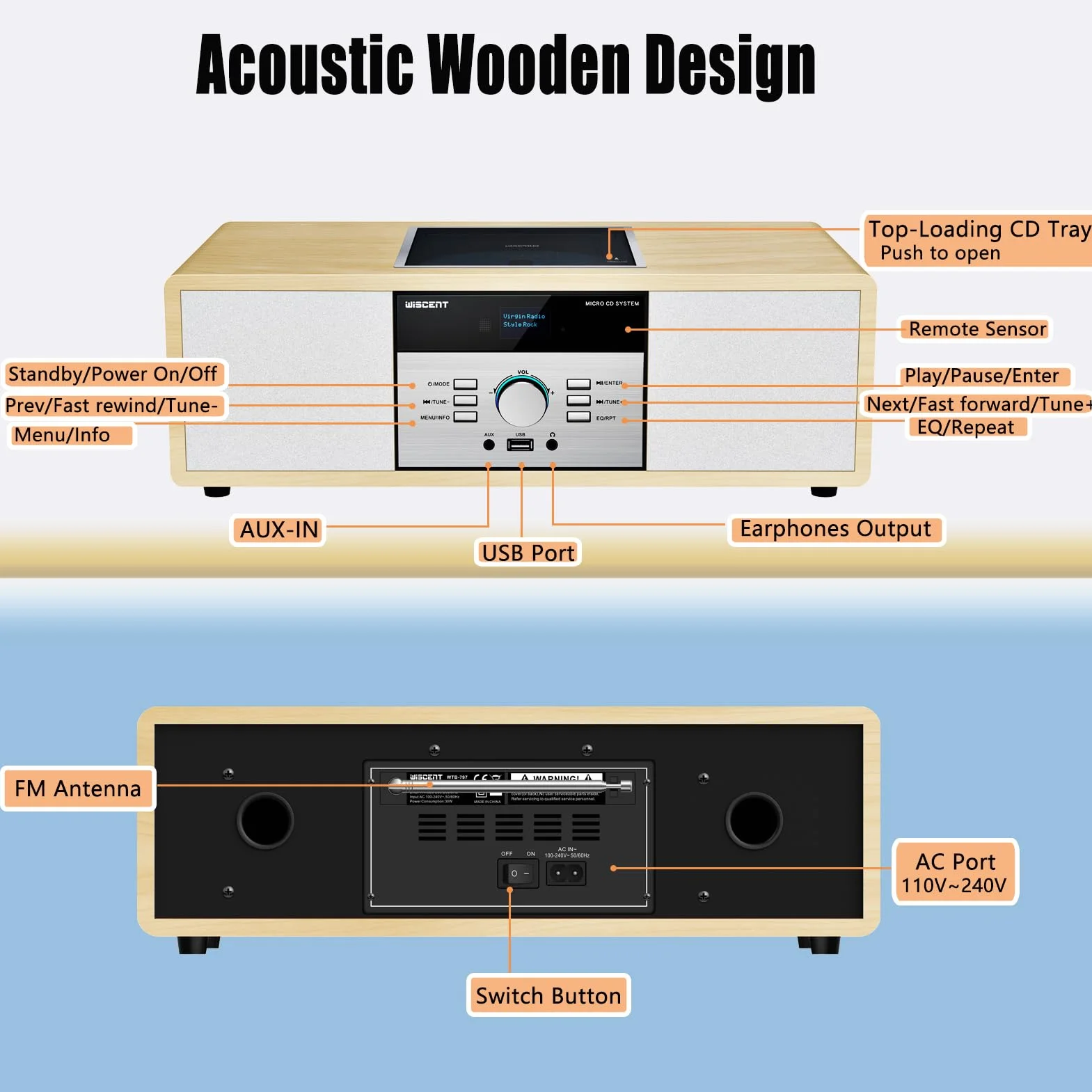 Microcadena Vintage Madera Bluetooth USB AUX 30W Control Remoto