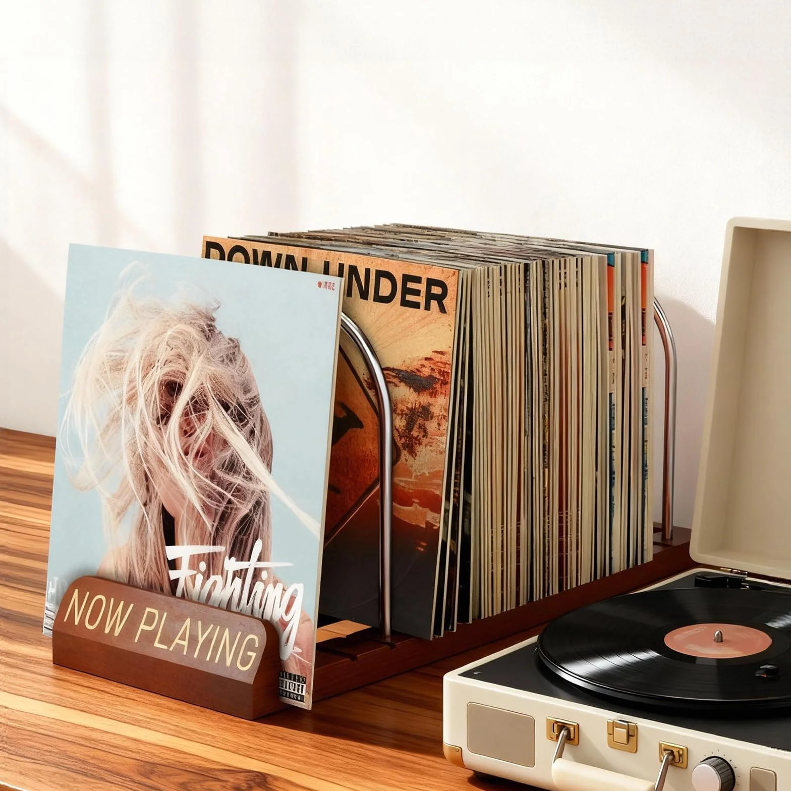 Soporte para discos de vinilo escalable retro para 30 – 70 LPs, soporte de vinilo Now Playing de madera y metal, soporte LP para CD, álbumes, con 5 bolsillos interiores