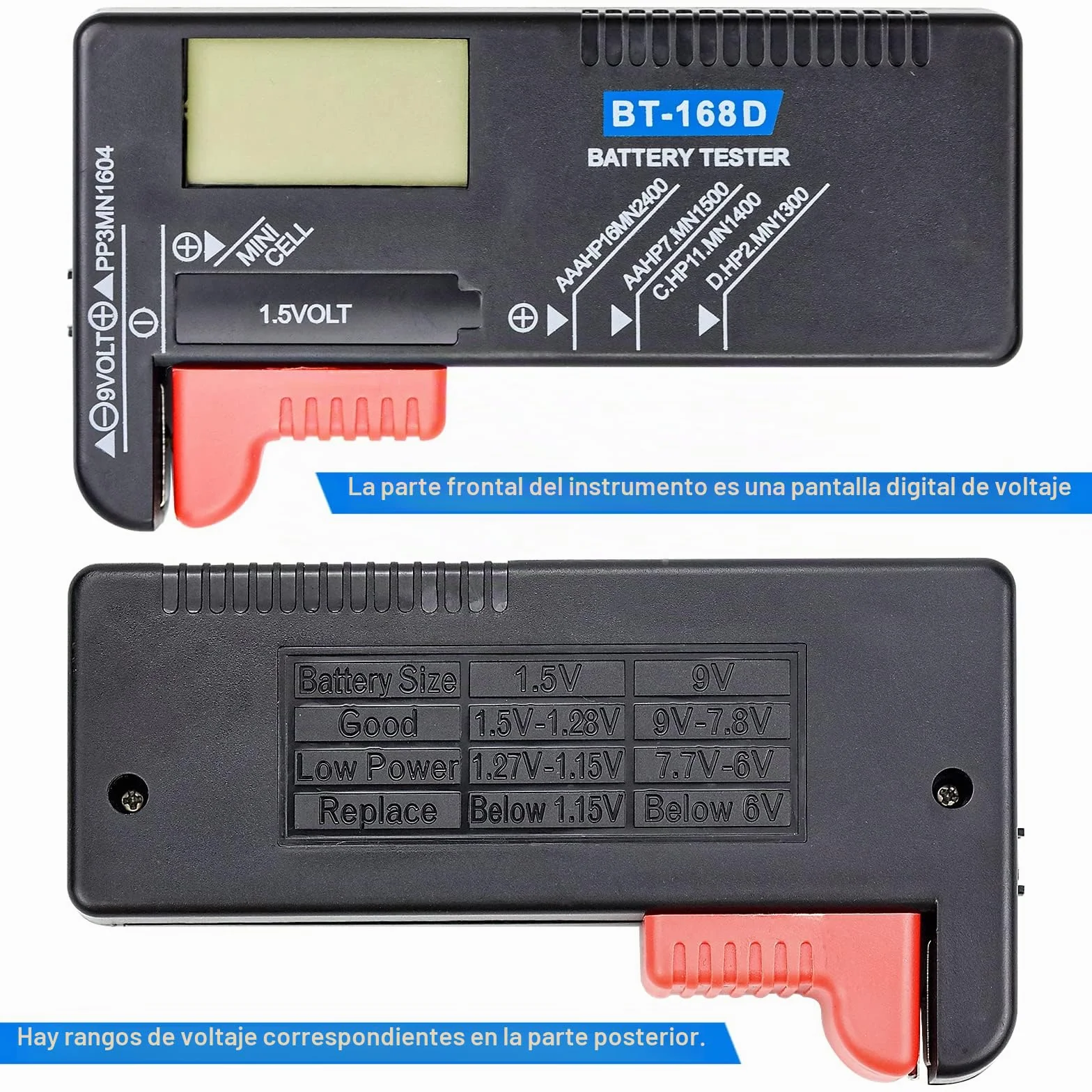 Comprobador de Pilas BT-168D - Medidor LCD Digital Universal Para AA/AAA/C/D/9V/1,5V y Pilas de Botón