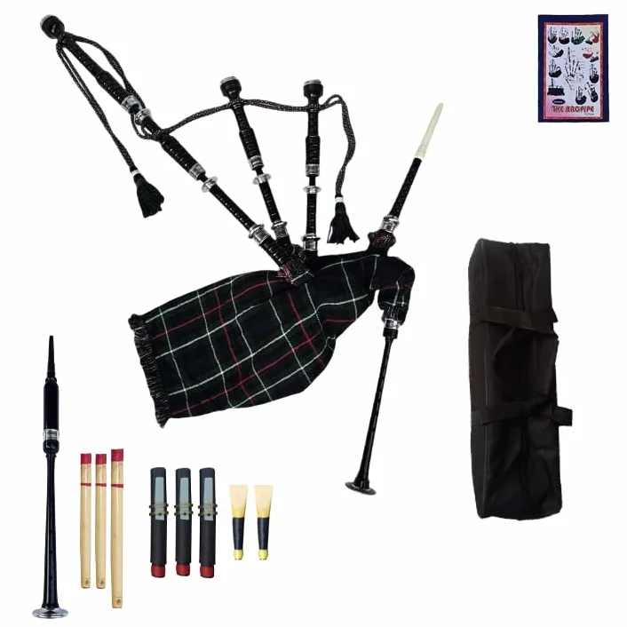 Mackenzie Tartan Great Highland - Gaita con soportes plateados, colección de drones, cañas de práctica, libro tutor, pipa de aire, bolsa de transporte, auténtico instrumento musical escocés