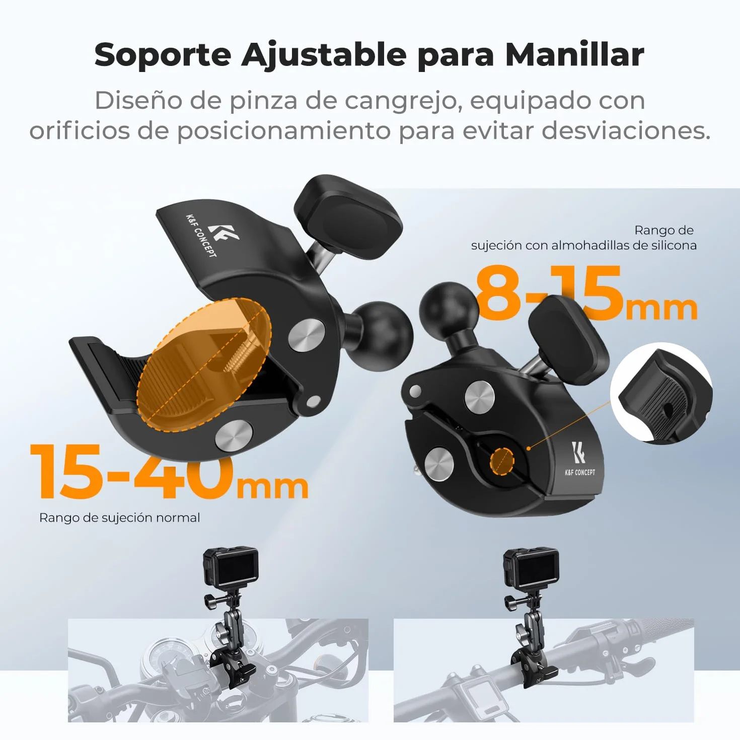 K&F CONCEPT Abrazadera para Cámara con Cabezal Doble 360° Soporte Manillar Bicicleta Motocicleta Compatible GoPro Hero 13/12 Insta360 X5/X4 Osmo Action 5 Pocket 3