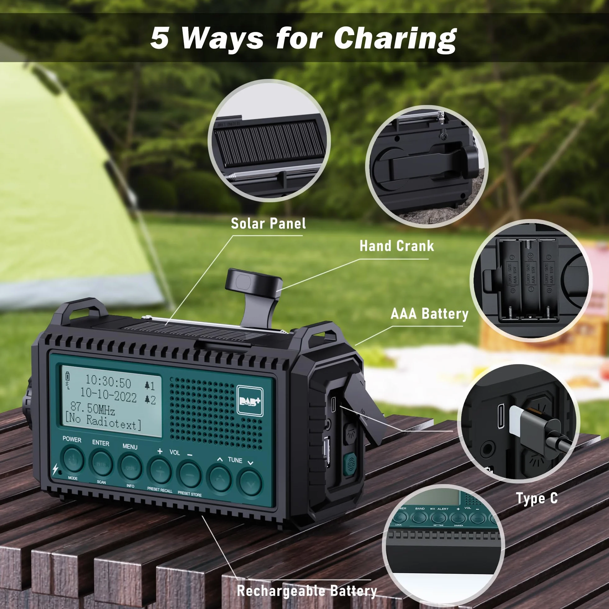 Radio de Manivela Dab+/Dab/FM con Batería Recargable 5000 mAh, Linterna y Carga USB, Alarma SOS