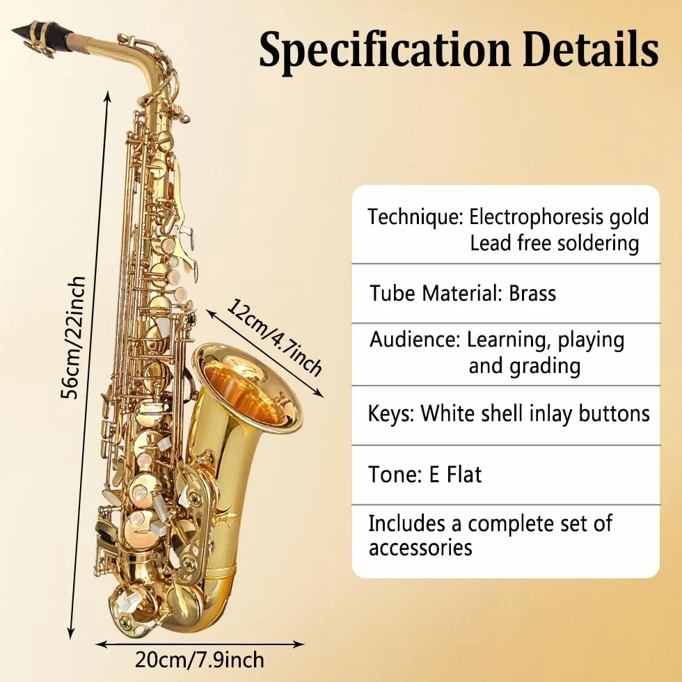 Yinfente Saxofón plano con 10 lengüetas, 8 almohadillas, funda rígida y más, para estudiantes, principiantes, adultos, saxofón alto, kit de saxofón(oro)