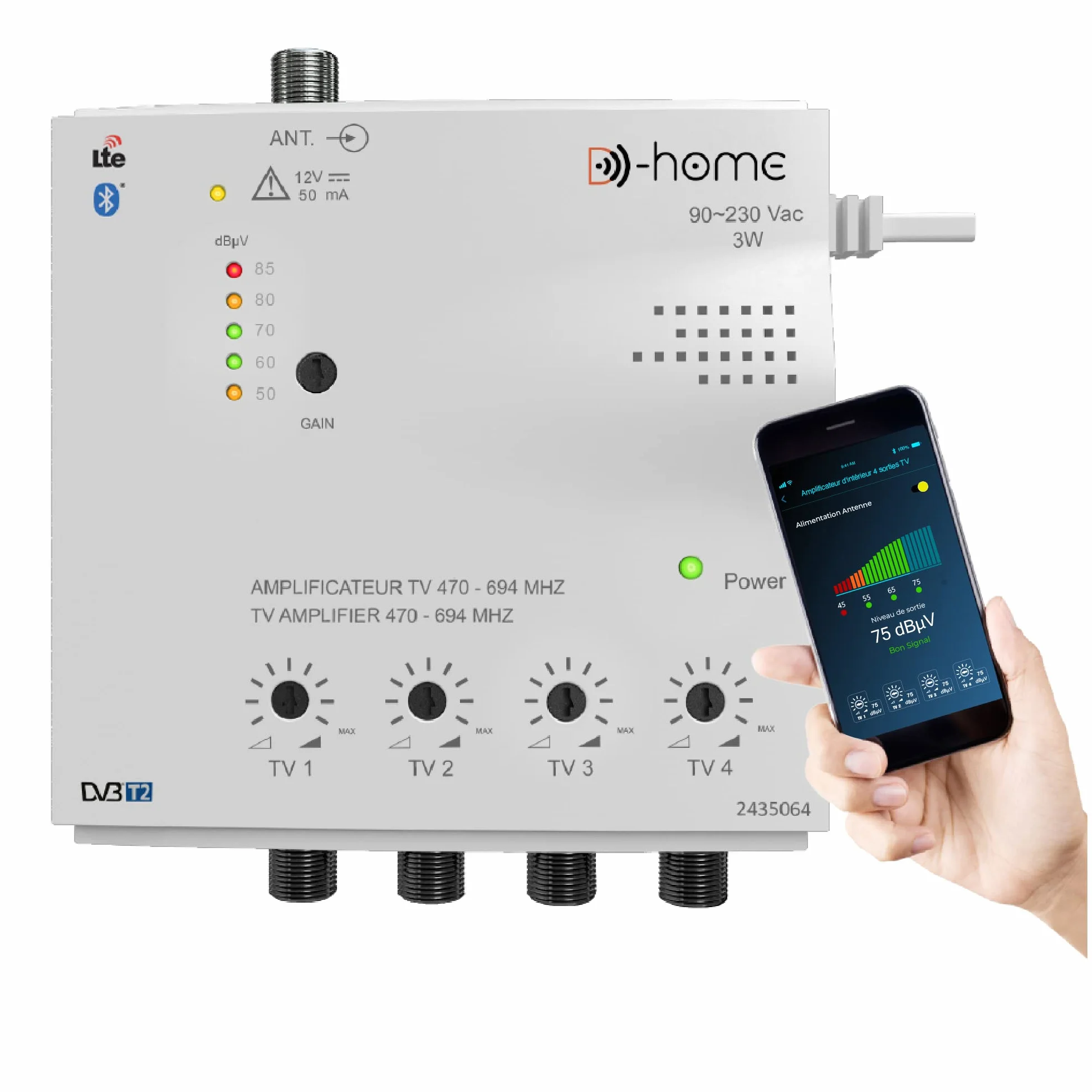 D-Home - Amplificador de TV TNT interior 4 salidas 26dB conectado Filtrado 4G-5G, Funciona con App TV Finder para encontrar la mejor señal.