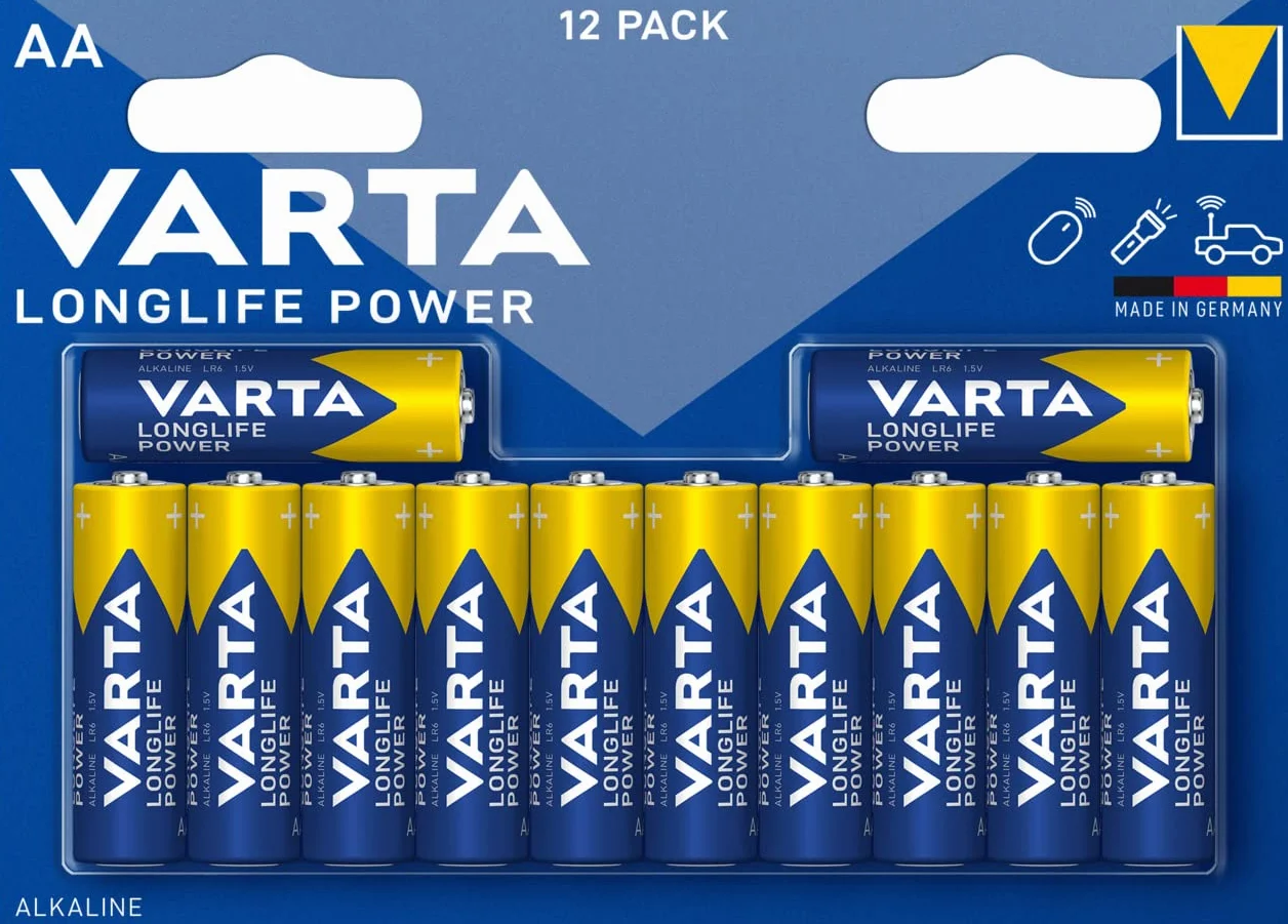 Varta Pila Longlife Power AA LR6 (paquete de 12 unidades), pila alcalina - «Made in Germany» - Adecuado para juguetes, linternas, mandos y otros aparatos que funcionan con pilas