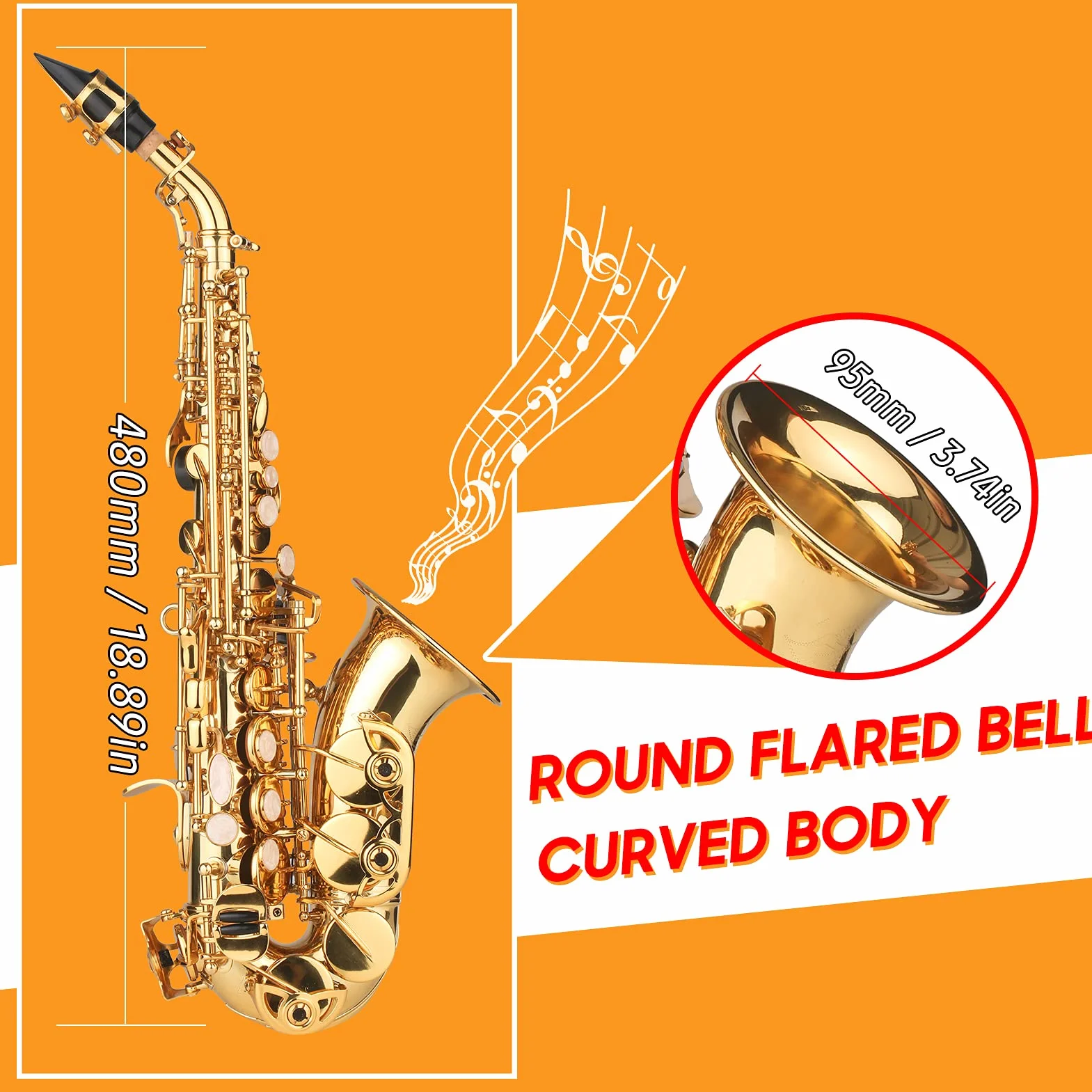 Saxofón Soprano BB Saxofón de latón Lacado en Oro con Estuche para Instrumentos Boquilla Correa para el Cuello Paño de Limpieza Cepillo para músicos Principiantes,saxófono
