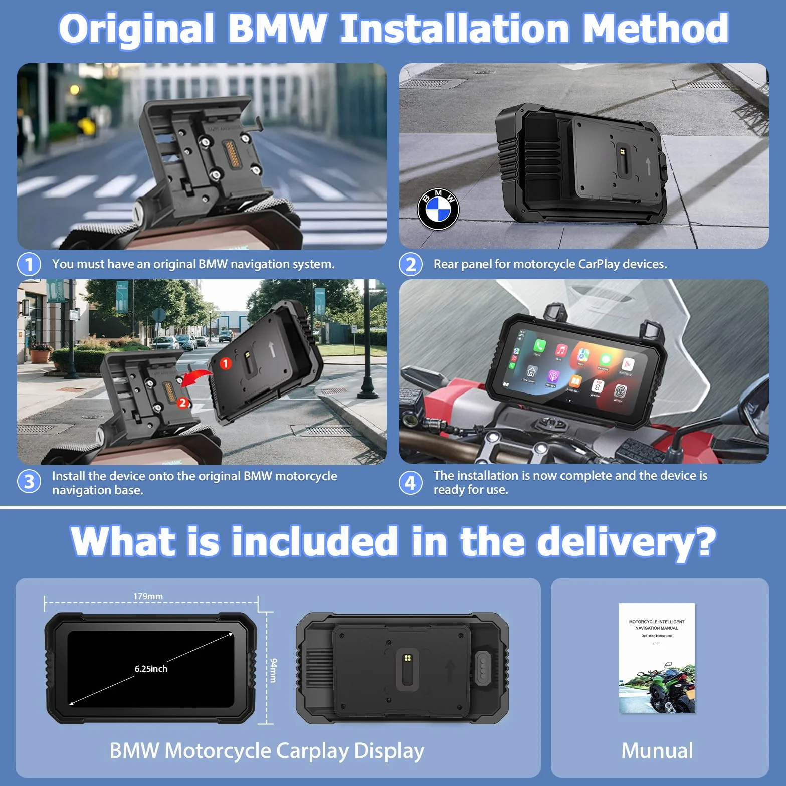 Carplay Pantalla para BMW Motocicletas BMW Inalámbrico CarPlay Android Auto CarPlay Moto con 6,25" Táctil Pantalla Impermeable IP67 Pantalla CarPlay Motos Dual Bluetooth Navi Control Voz MirrorLink