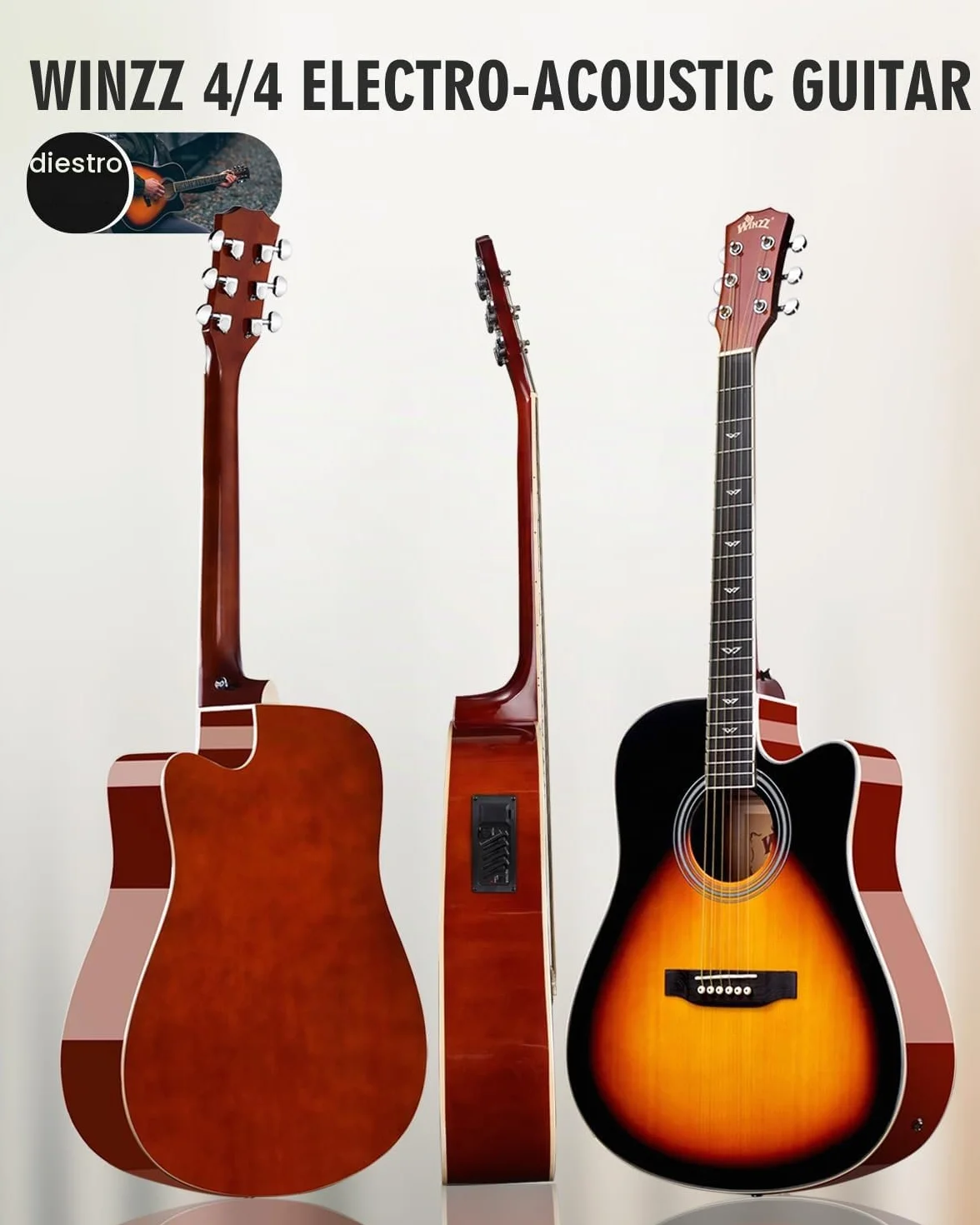 Winzz 4/4 Guitarra Electroacústica para Adultos, Guitarra Principiante Folk con Accesorios Completos（41 Pulgadas, Sunburst Brillante）
